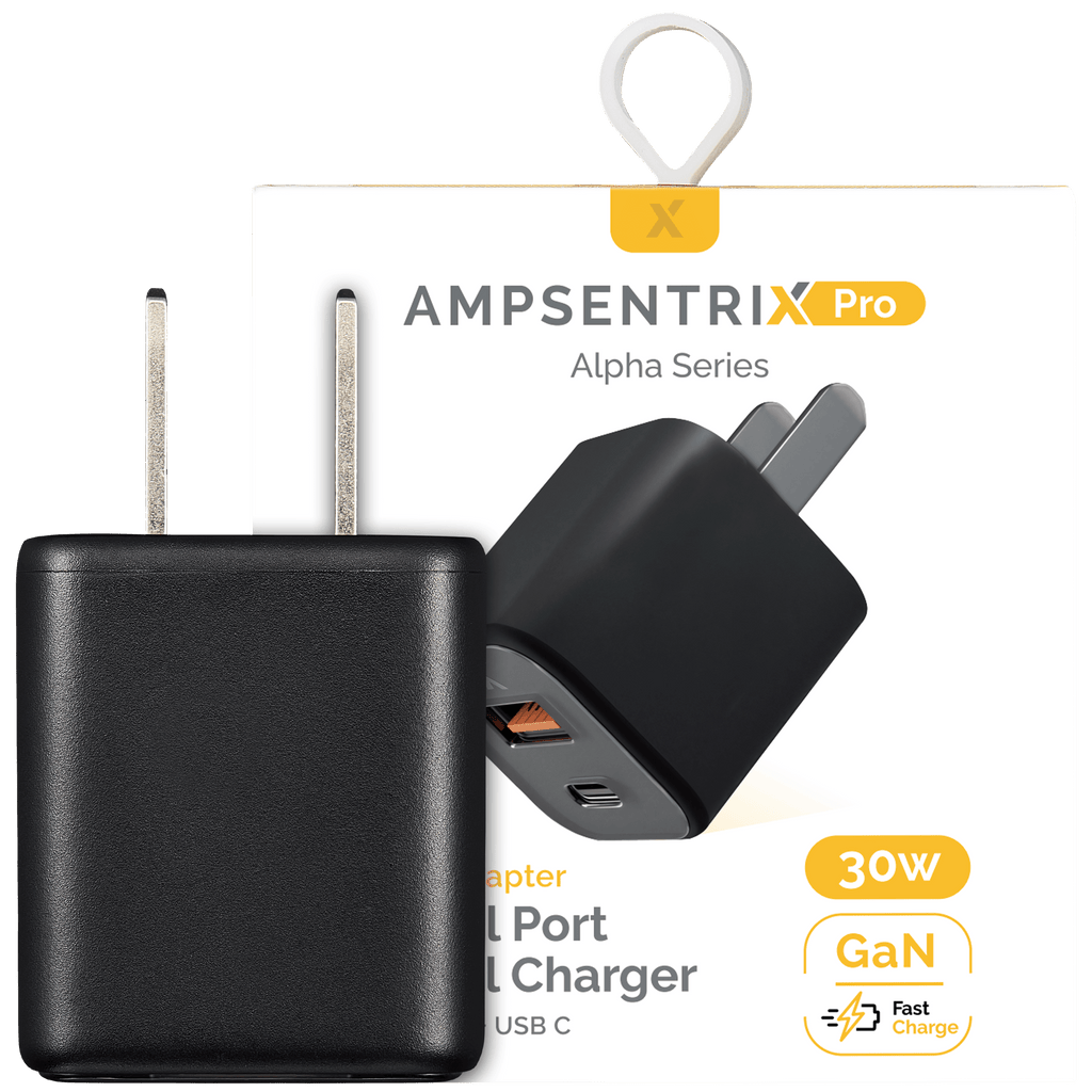 AmpSentrix Pro 30W 2-in-1 USB-C / USB-A GaN Wall Adapter (Schwarz Titanium)