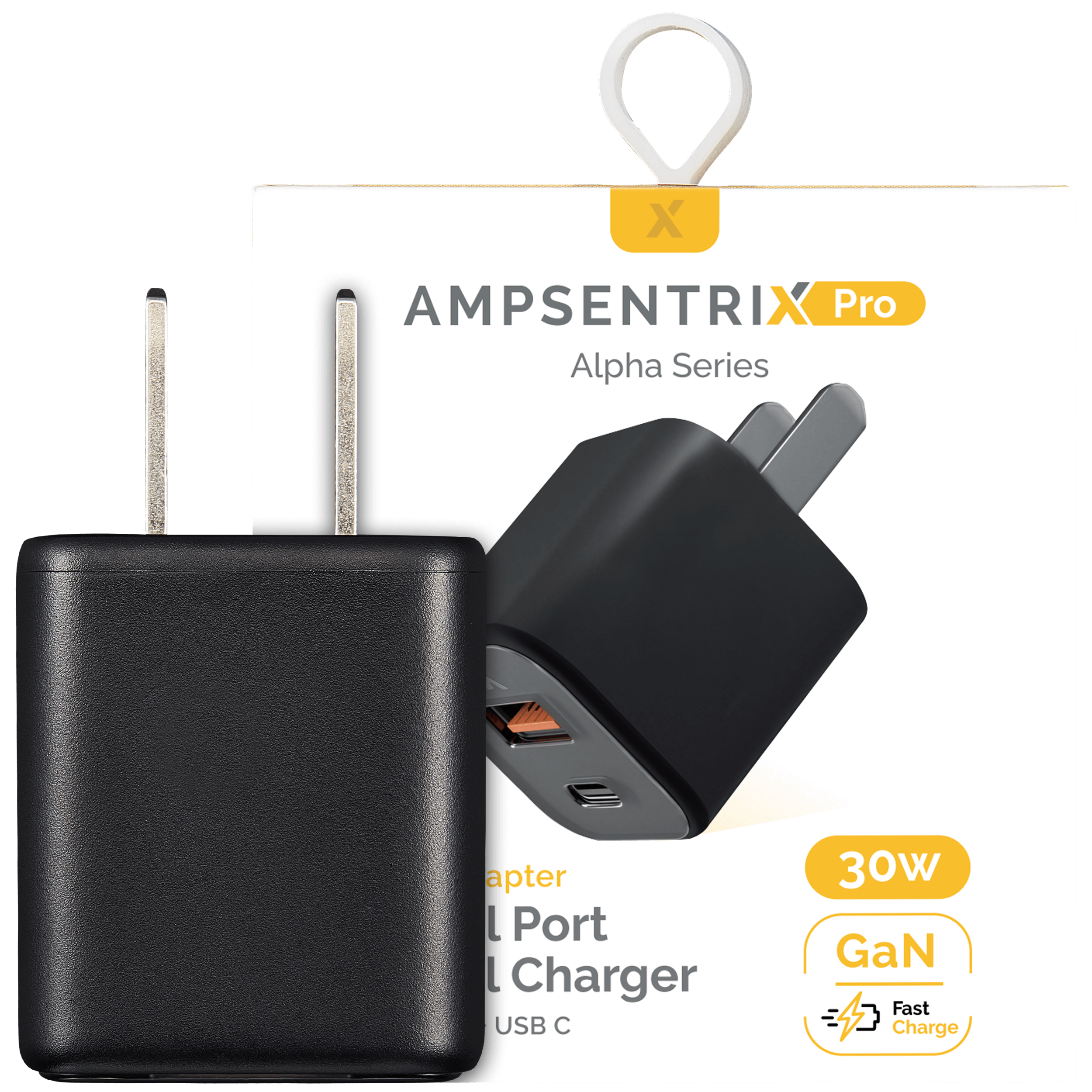 AmpSentrix Pro 30W 2-in-1 USB-C / USB-A GaN Wall Adapter (Schwarz Titanium)