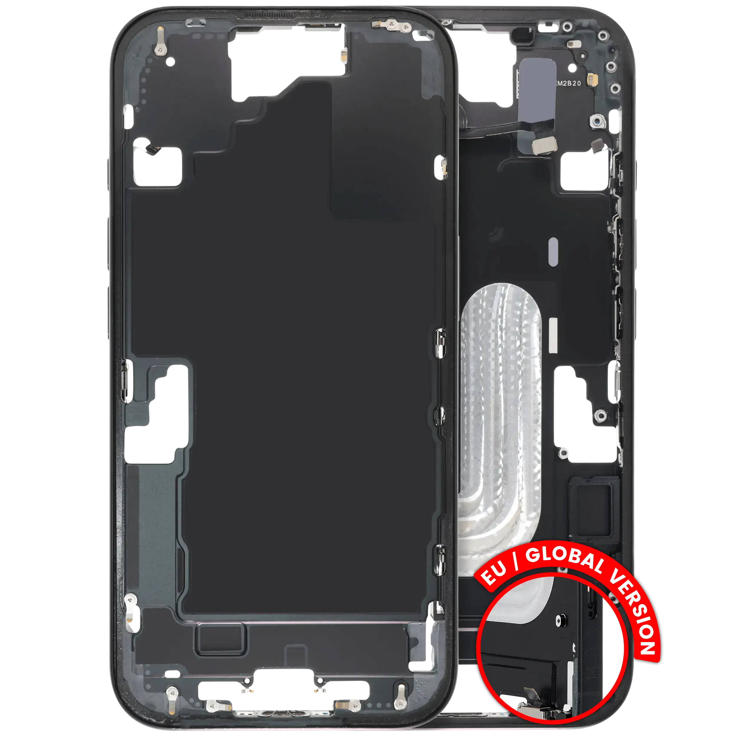 Midframe/Rahmen mit Small Parts für iPhone 16 (EU / Global Version) (gebrauchter OEM-Ausbau, Qualität C) (Schwarz)