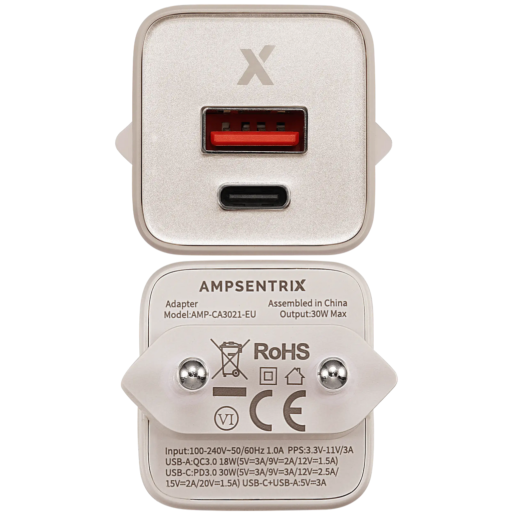 AmpSentrix Pro 30W 2-in-1 USB-C / USB-A GaN Wall Adapter (220V / EU Plug) (Desert Titanium)