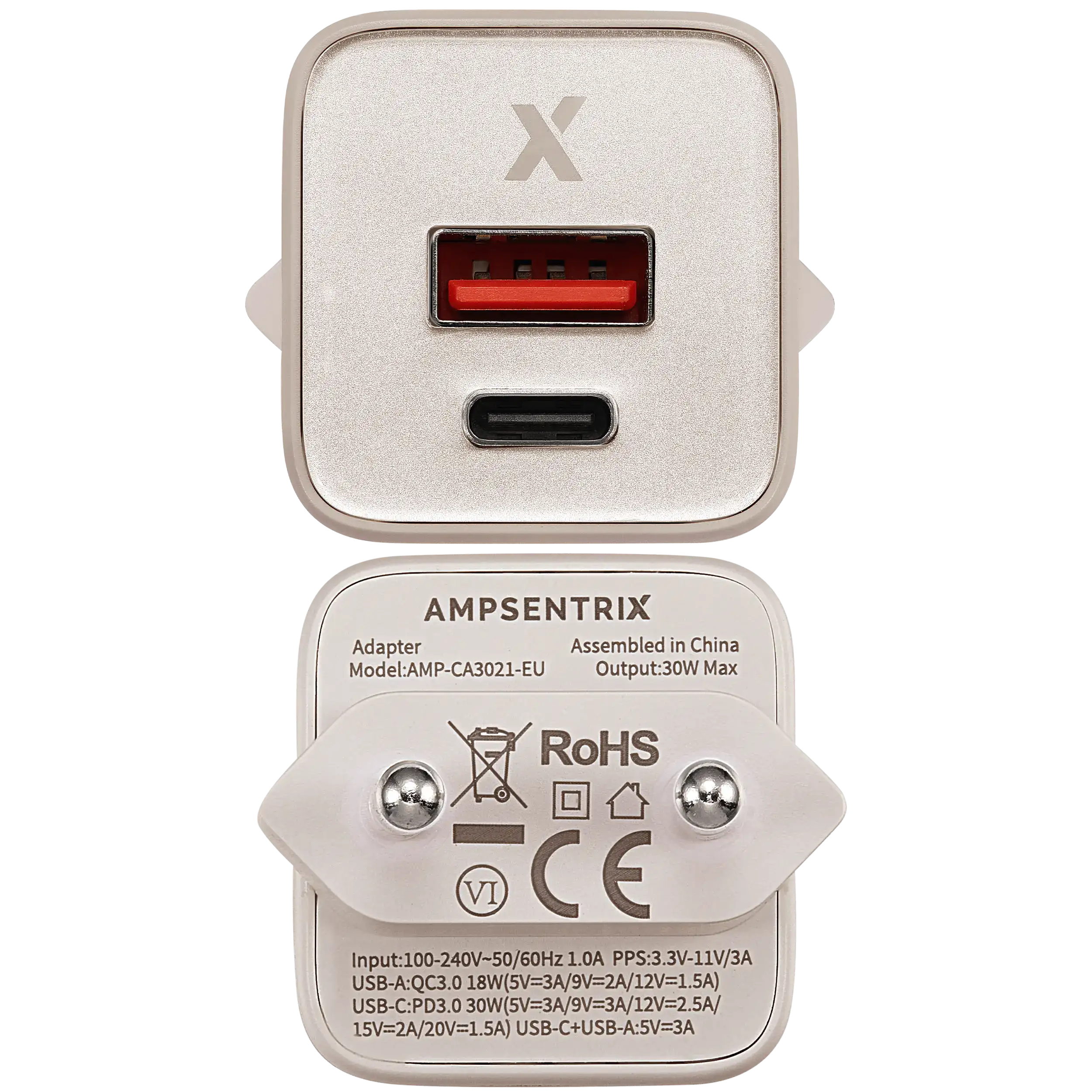 AmpSentrix Pro 30W 2-in-1 USB-C / USB-A GaN Wall Adapter (220V / EU Plug) (Desert Titanium)