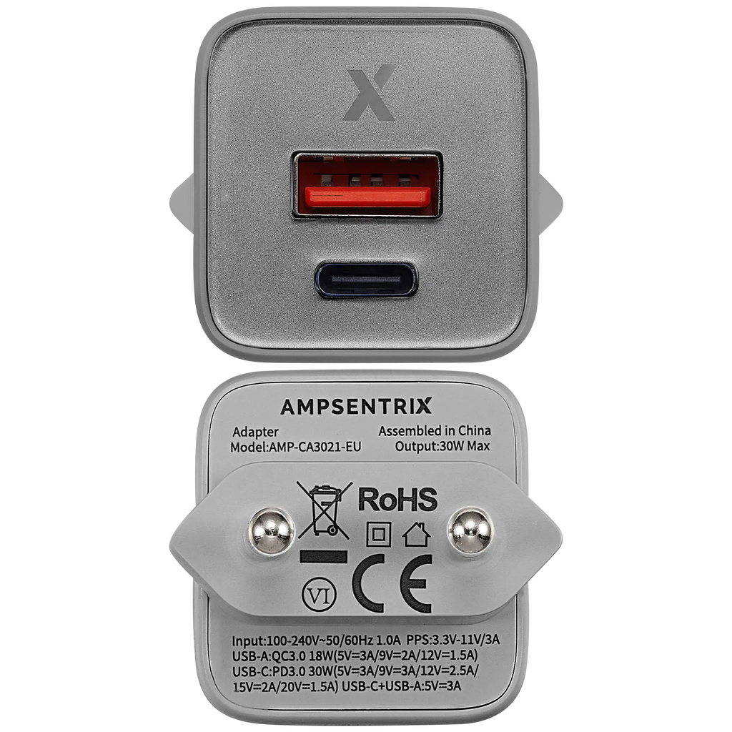 AmpSentrix Pro 30W 2-in-1 USB-C / USB-A GaN Wall Adapter (220V / EU Plug) (Natural Titanium)