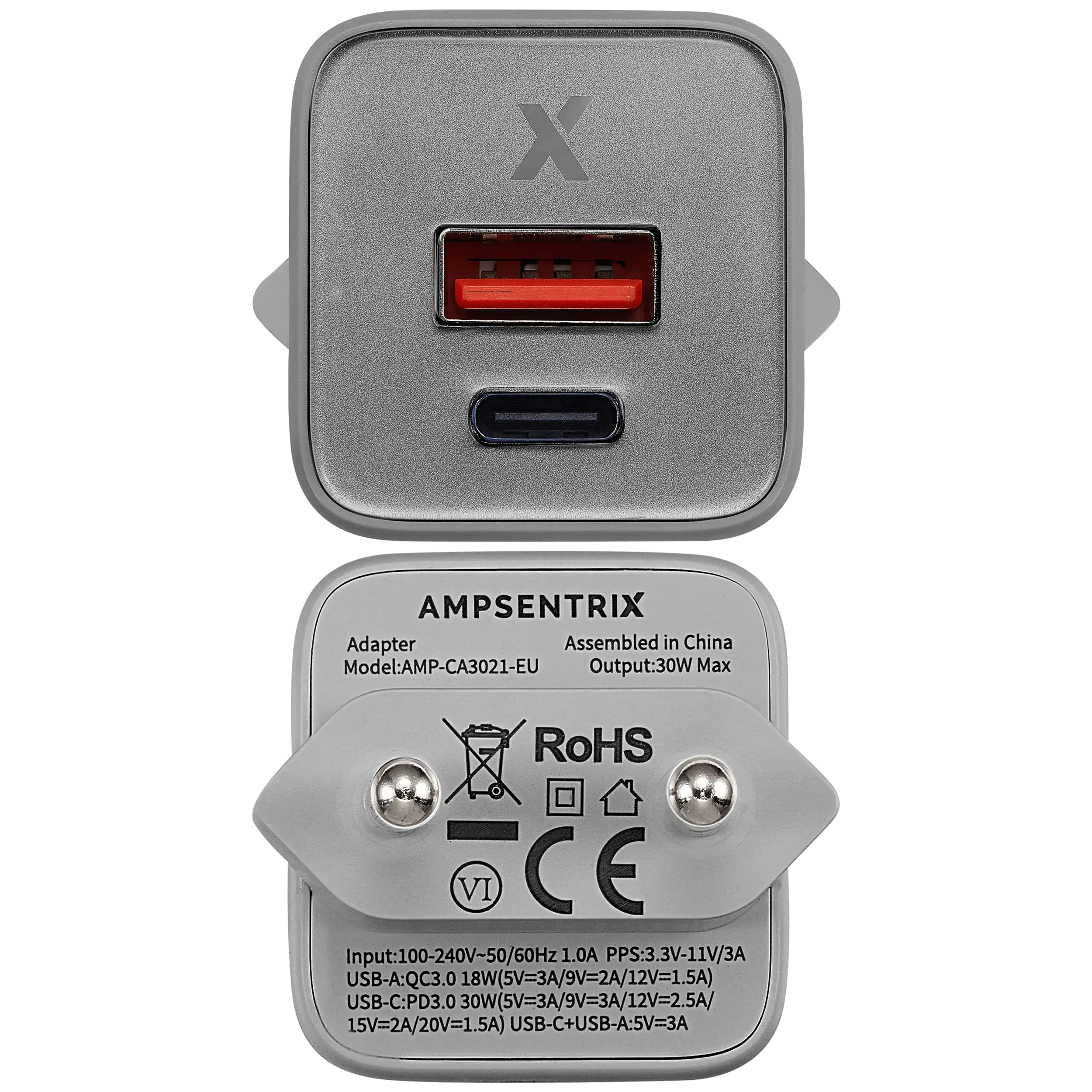 AmpSentrix Pro 30W 2-in-1 USB-C / USB-A GaN Wall Adapter (220V / EU Plug) (Natural Titanium)