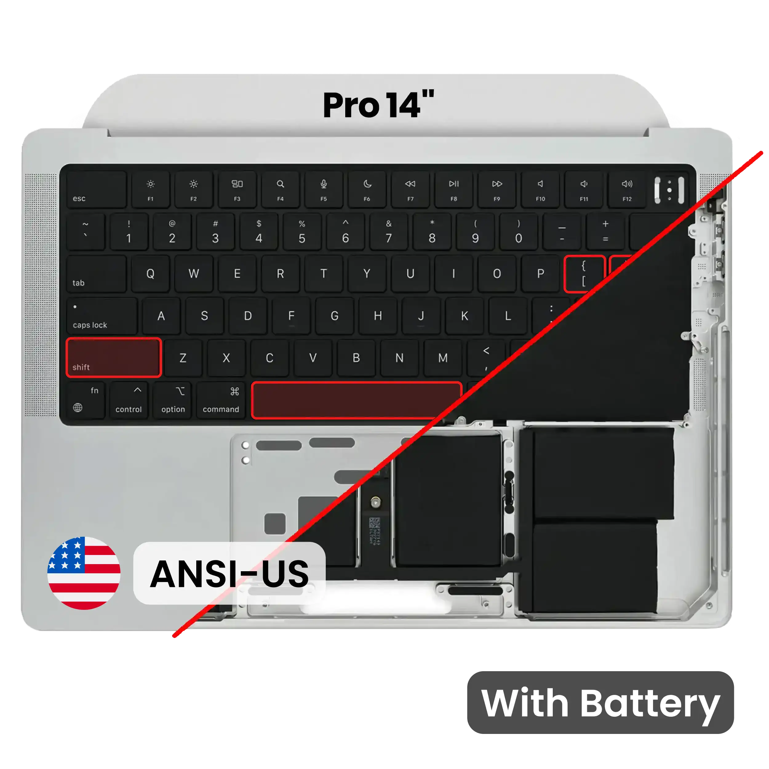 Top Case mit Akku and Keyboard (ANSI US) für MacBook Pro 14" A2442 (2021) / A2779 (2023) (gebrauchter OEM-Ausbau, Qualität A) (Silber)