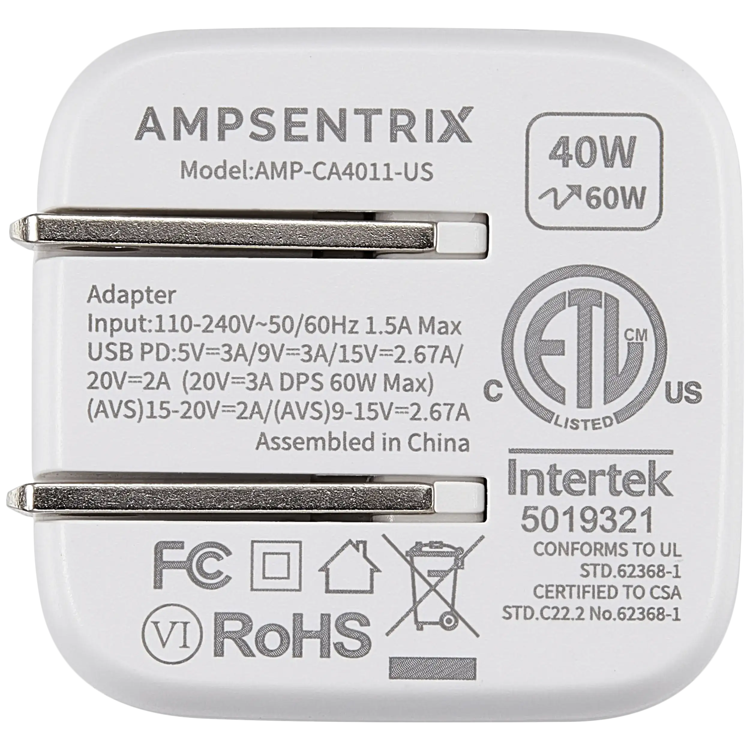 AmpSentrix 40W USB-C Wall Adapter (110V / US Plug)