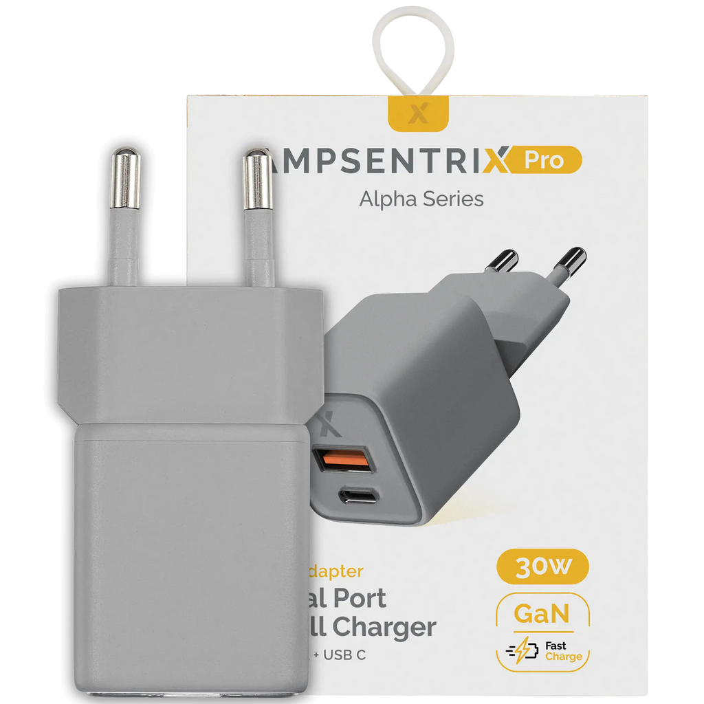AmpSentrix Pro 30W 2-in-1 USB-C / USB-A GaN Wall Adapter (220V / EU Plug) (Natural Titanium)