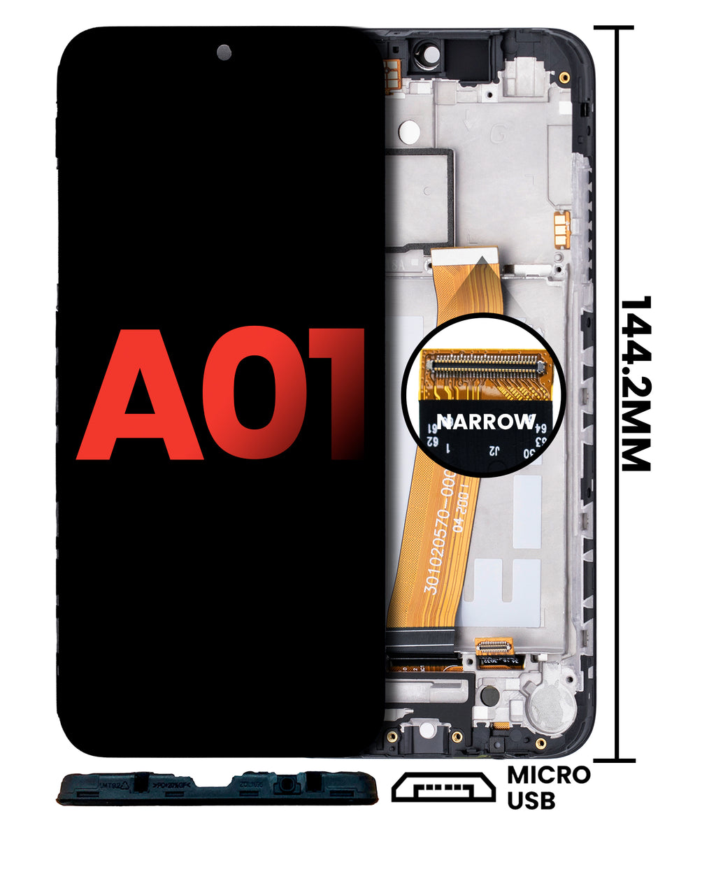 LCD mit Rahmen für Samsung Galaxy A01 Micro USB Aftermarket+ Incell alle Farben