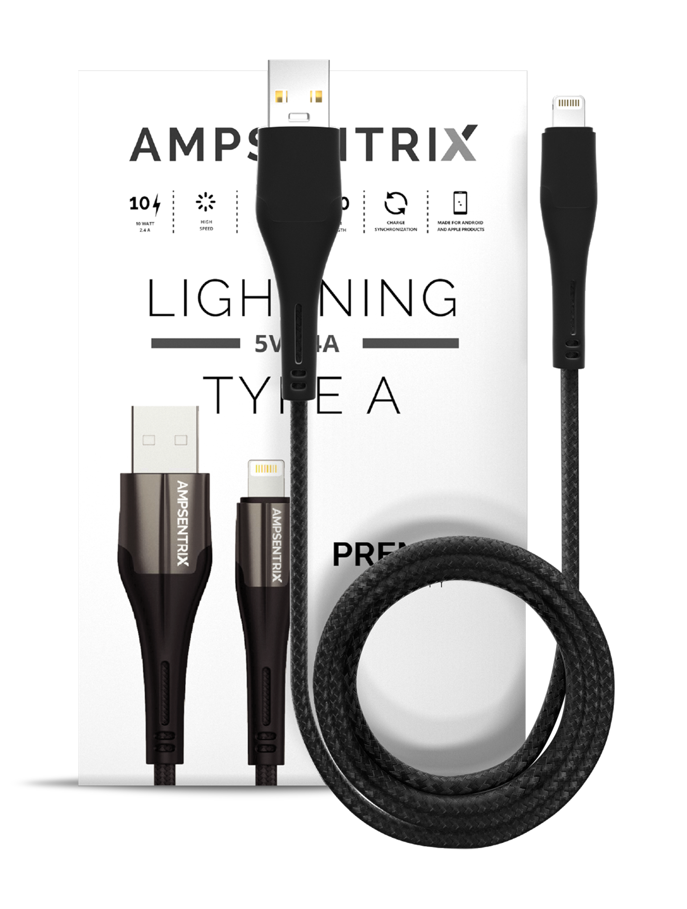 Lightning to USB Type A Cable (Non-MFI) (1 m / 3 ft) (AmpSentrix Matrix) (Black)
