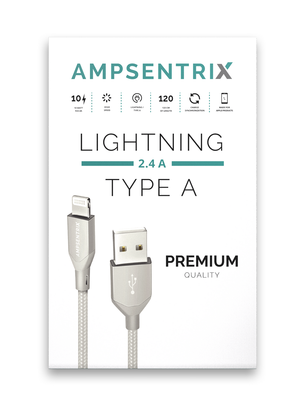 USB Type-A to Lightning Cable (Non-MFI) (1 m / 3 ft) (AmpSentrix Infinity) (Silver)