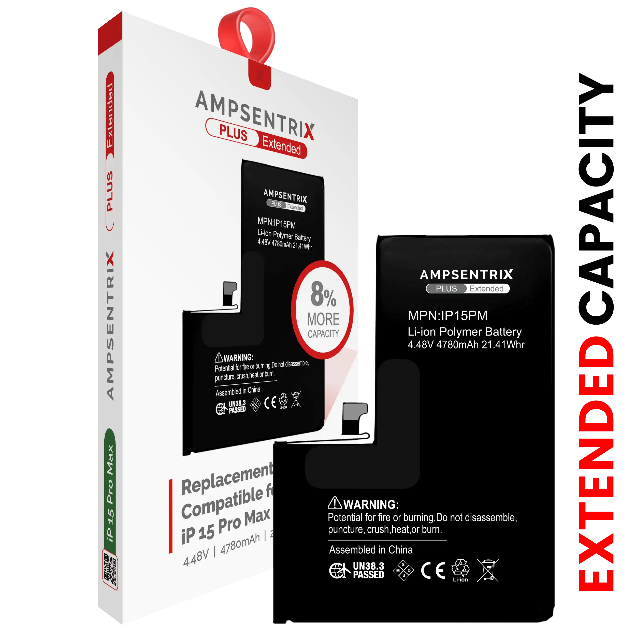 Replacement battery for iPhone 15 Pro Max (AmpSentrix Plus Extended)