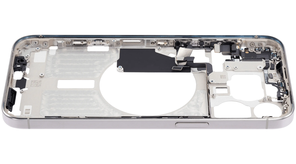 Midframe/Rahmen mit Small Parts für iPhone 15 Pro Max (EU / Global Version) (gebrauchter OEM-Ausbau, Qualität C) (Weiß Titanium)