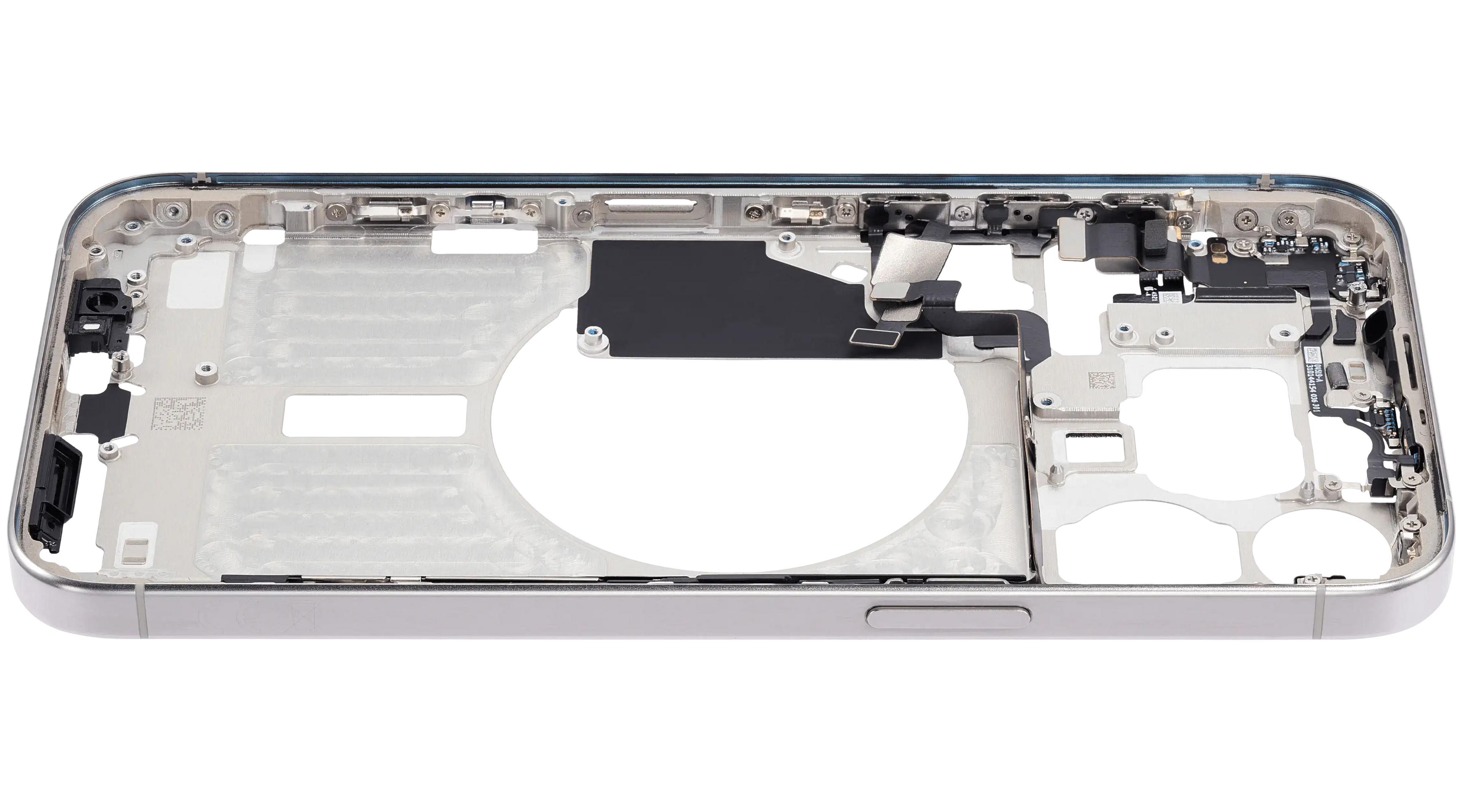 Midframe/Rahmen mit Small Parts für iPhone 15 Pro Max (EU / Global Version) (gebrauchter OEM-Ausbau, Qualität C) (Weiß Titanium)