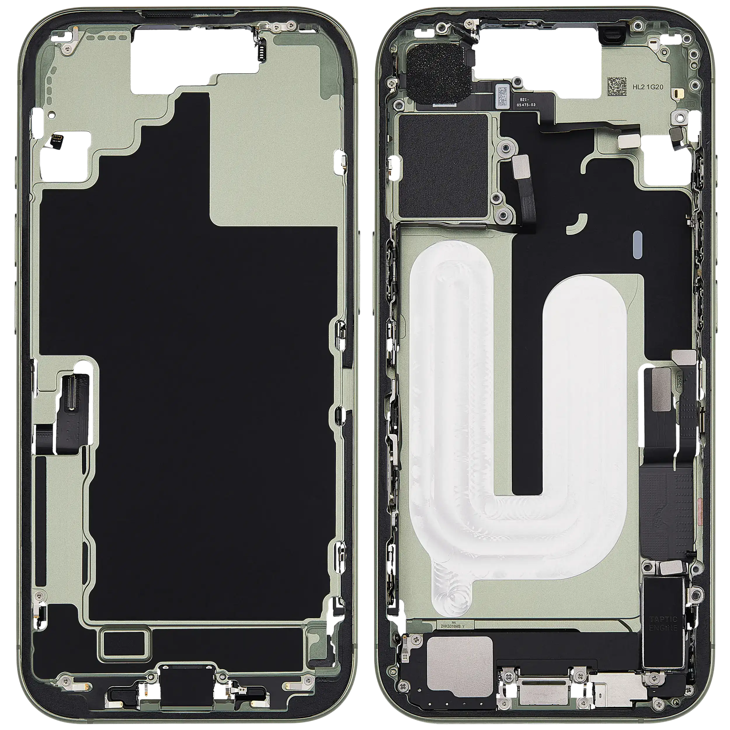 Midframe/Rahmen mit Ladebuchse Flex & Small Parts für iPhone 17 (EU / Global Version) (gebrauchter OEM-Ausbau, Qualität A) (Sage)