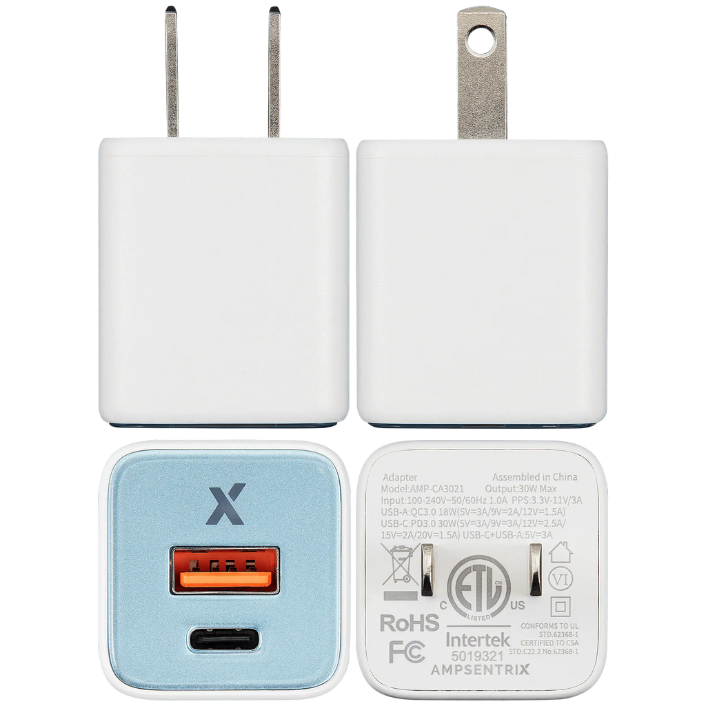 AmpSentrix Pro 30W 2-in-1 USB-C / USB-A GaN Wall Adapter (Teal)