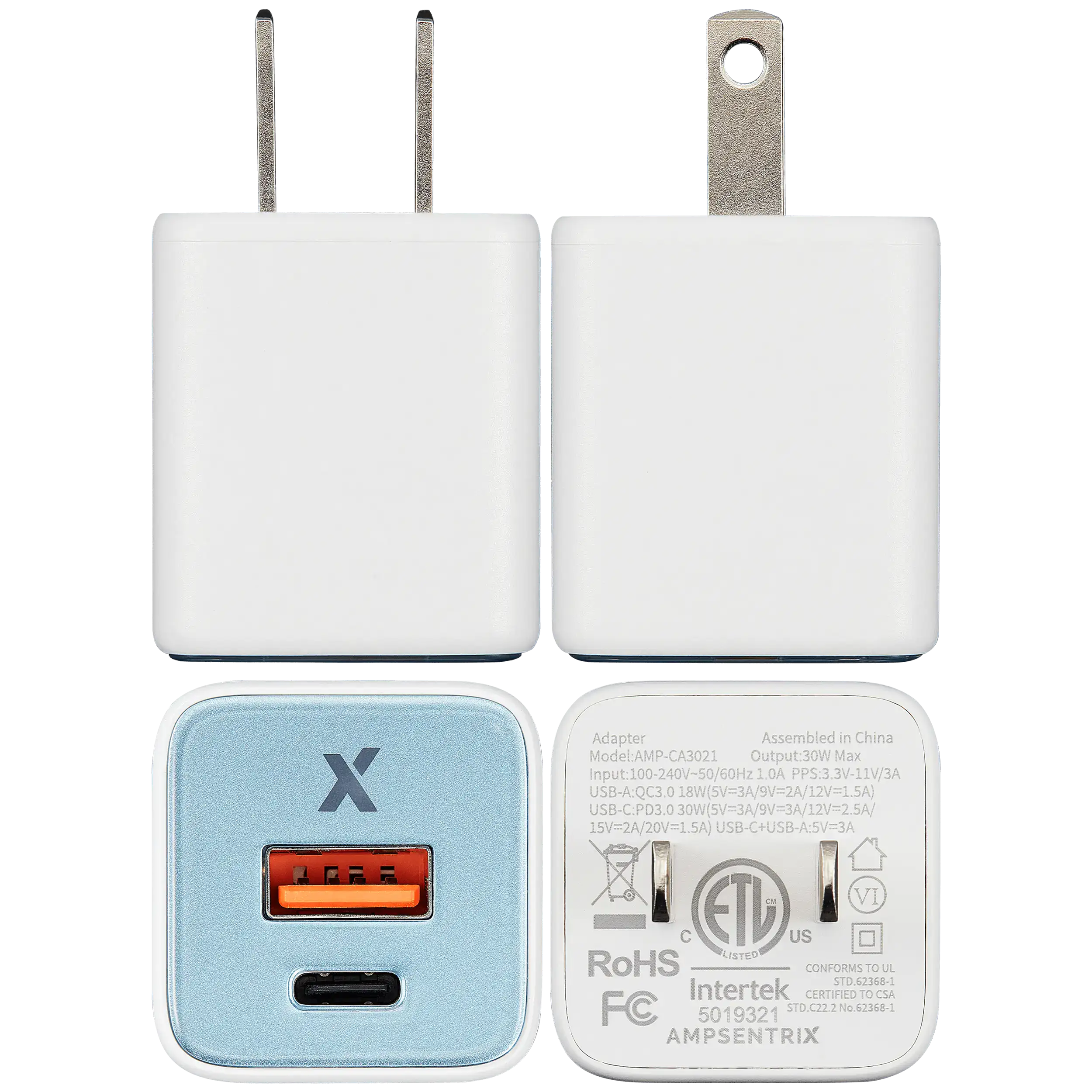 AmpSentrix Pro 30W 2-in-1 USB-C / USB-A GaN Wall Adapter (Teal)