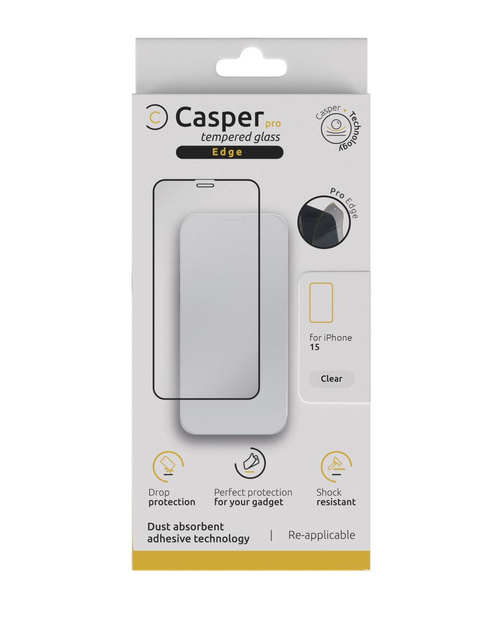 Casper Pro Edge Tempered Glass for iPhone 15/16 (Retail Pack) (Clear)