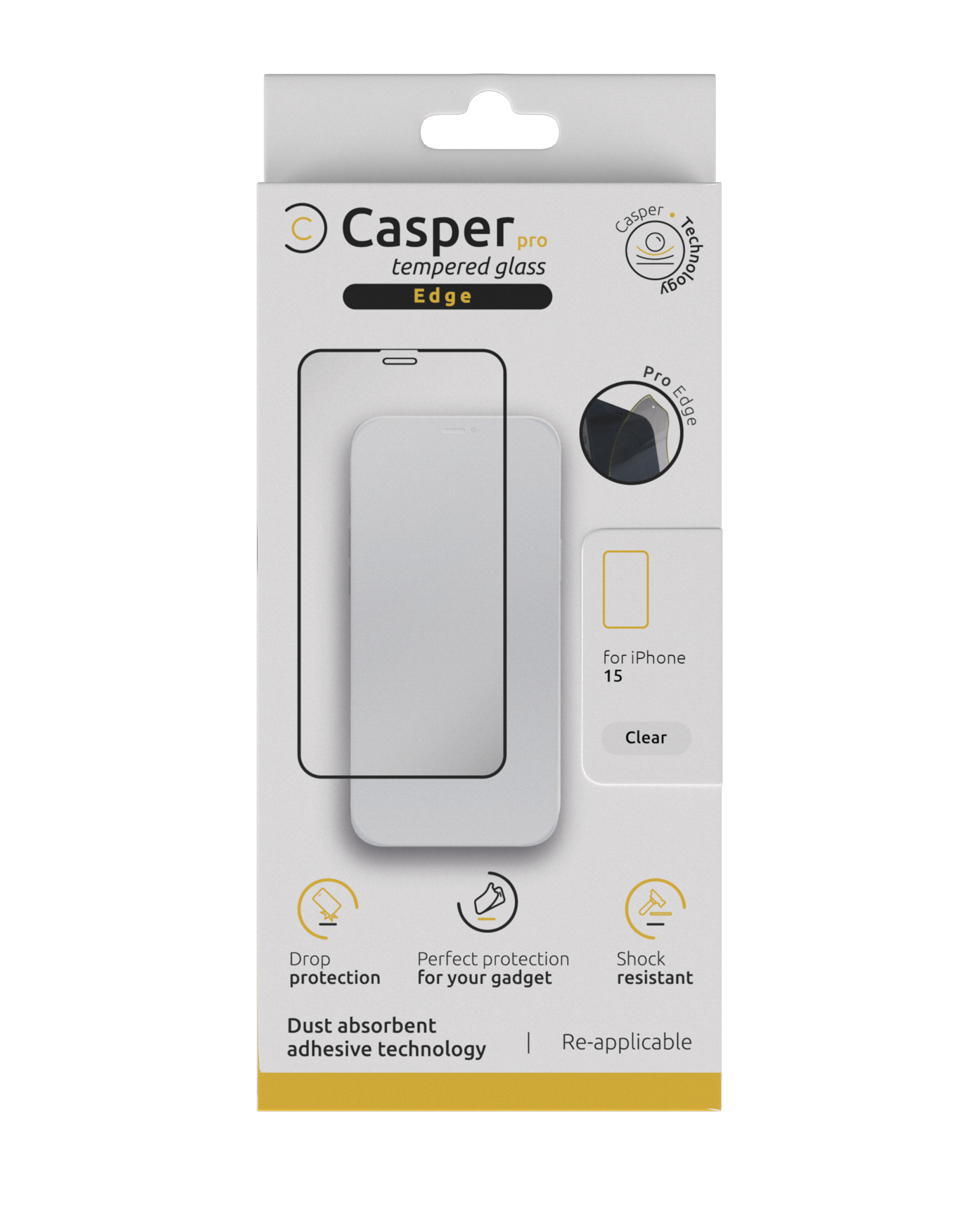 Casper Pro Edge Tempered Glass for iPhone 15/16 (Retail Pack) (Clear)