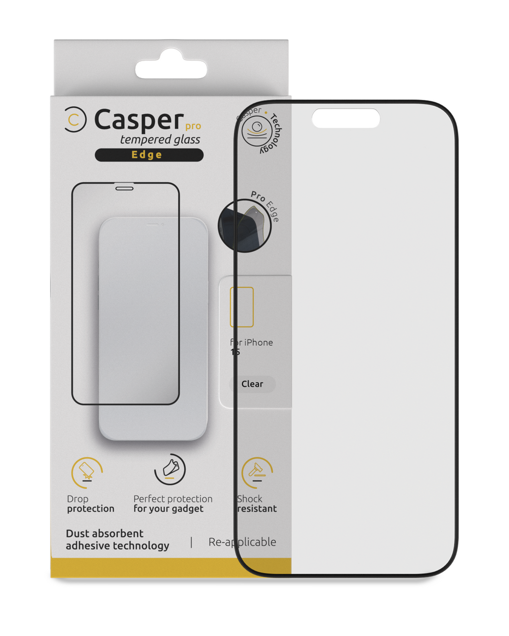Casper Pro Edge Tempered Glass for iPhone 15/16 (Retail Pack) (Clear)