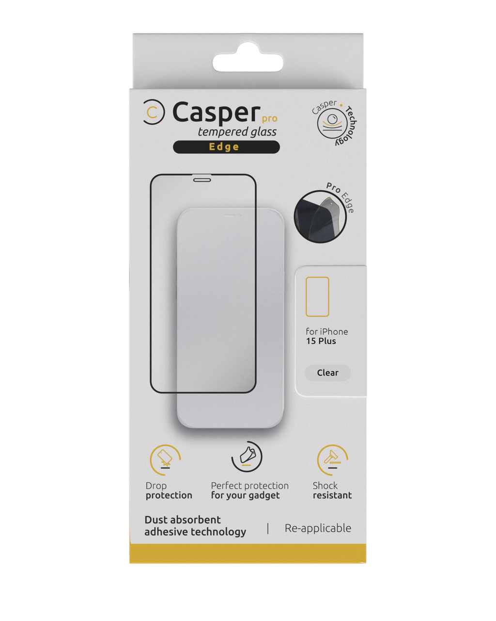 Casper Pro Edge Tempered Glass for iPhone 15 Plus / 16 Plus (Retail Pack) (Clear)