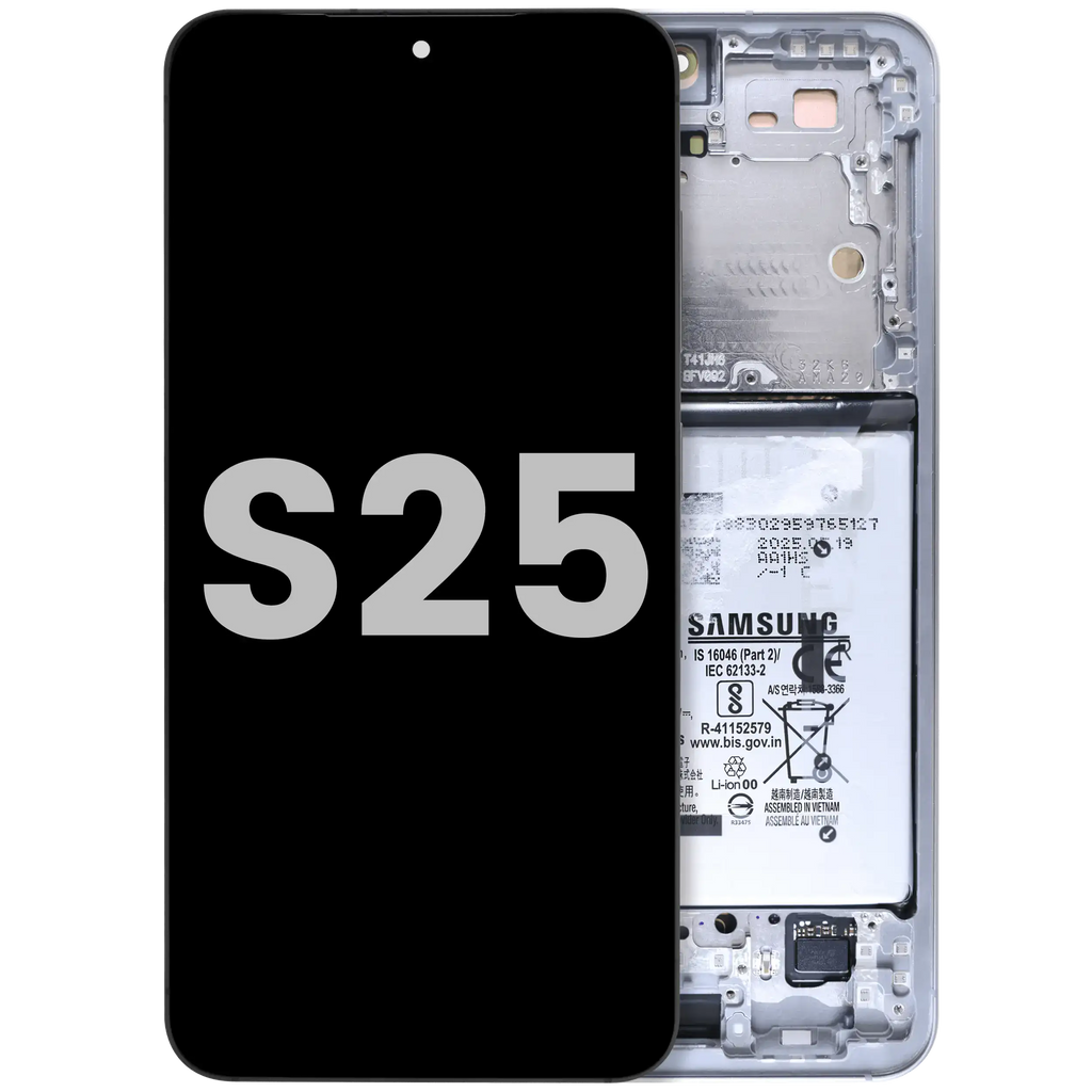 OLED-Display mit Rahmen für Samsung Galaxy S25 5G (US & Internationale Version) (gebrauchter OEM-Ausbau, Qualität B) (Silver Shadow)
