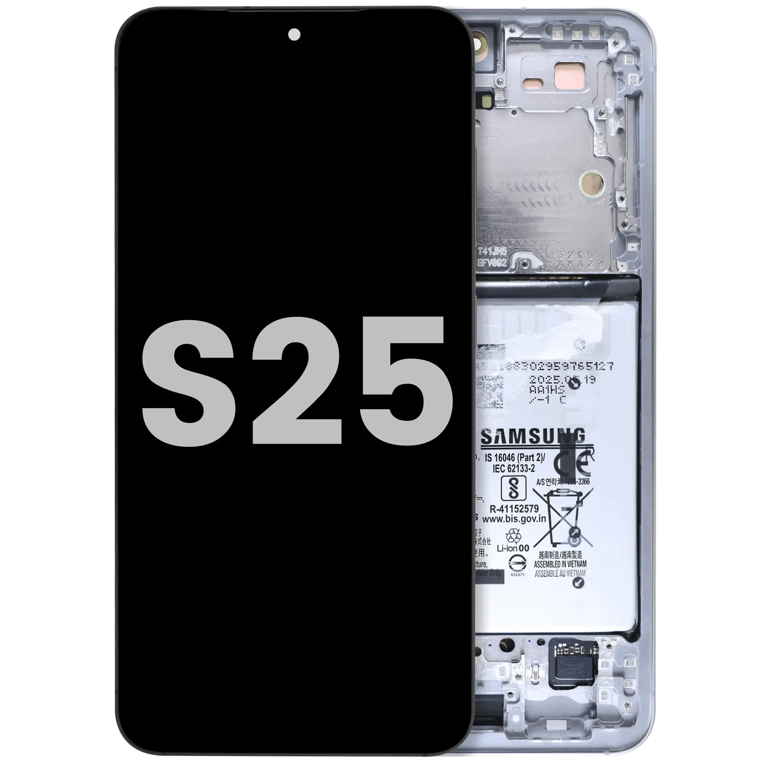 OLED-Display mit Rahmen für Samsung Galaxy S25 5G (US & Internationale Version) (gebrauchter OEM-Ausbau, Qualität B) (Silver Shadow)
