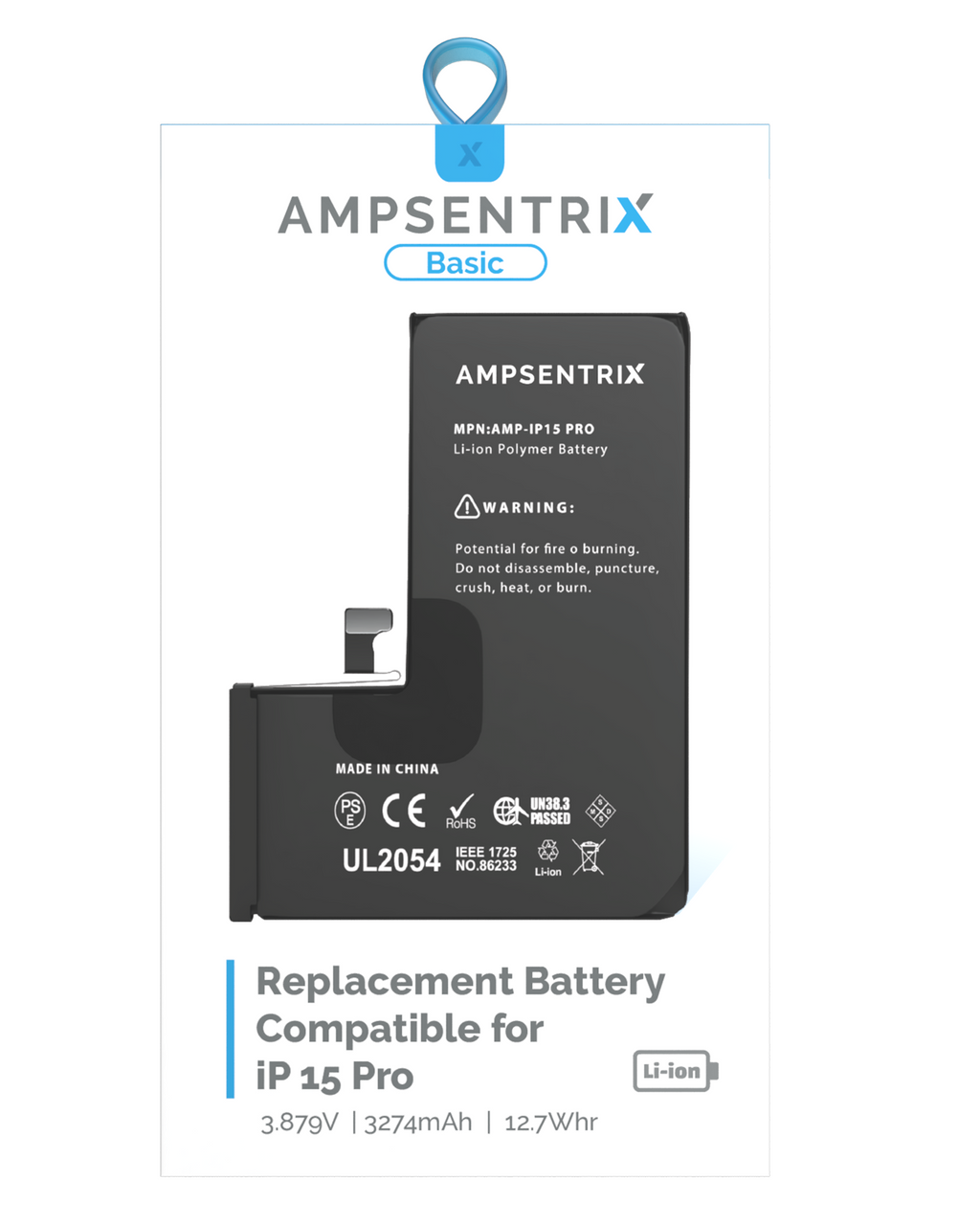 Replacement Battery for iPhone 15 Pro (AmpSentrix Basic)
