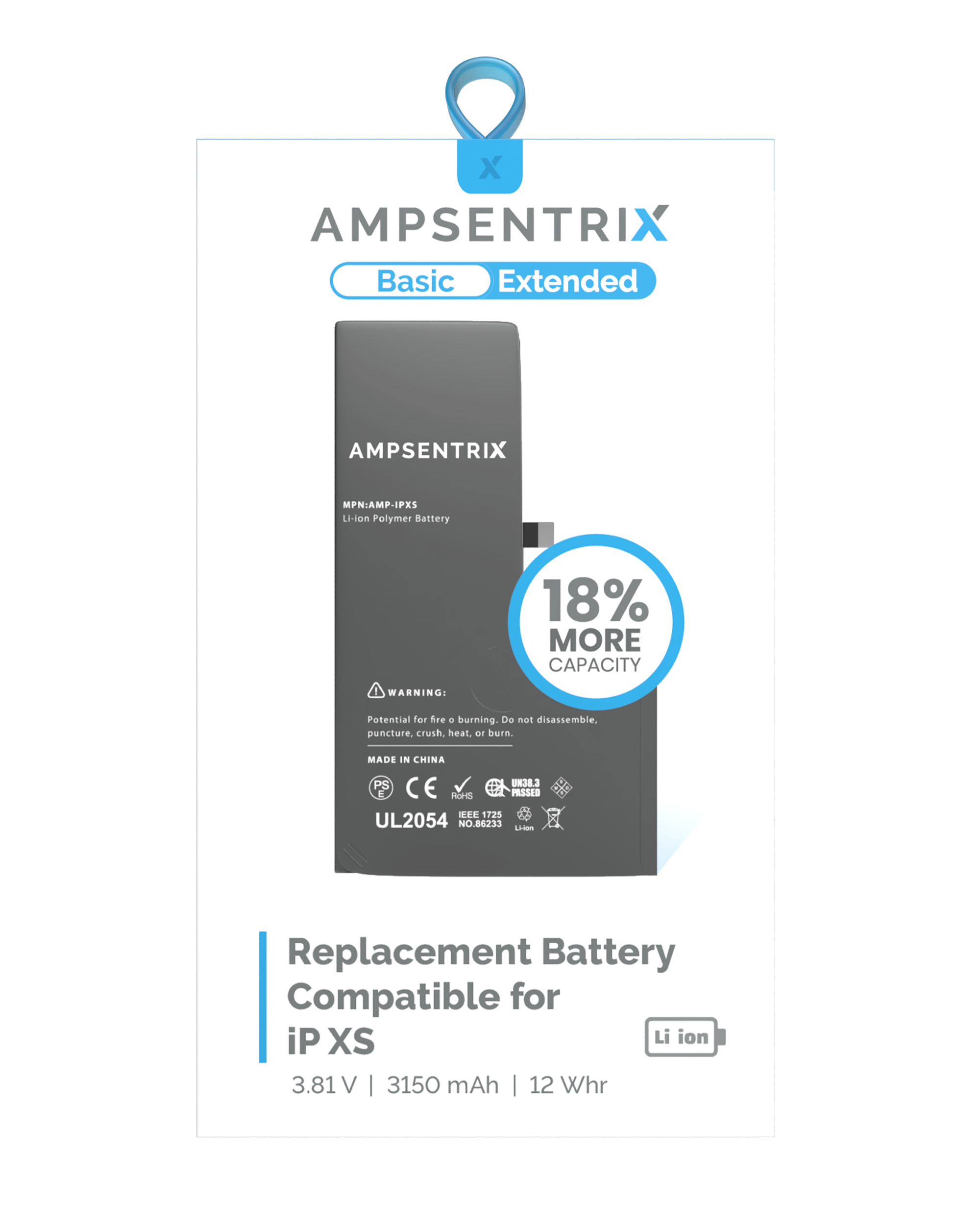 Replacement Battery for iPhone XS (AmpSentrix Basic Extended)