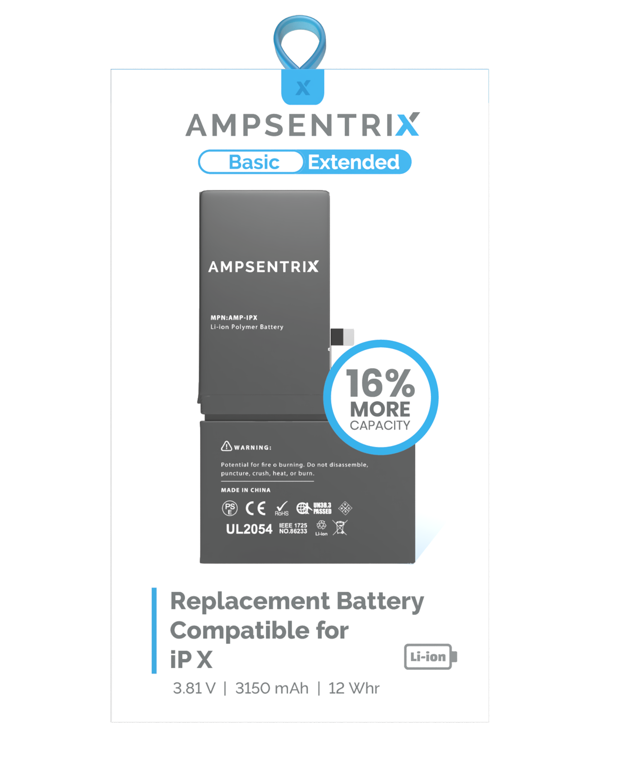 Replacement battery for iPhone X (AmpSentrix Basic Extended)
