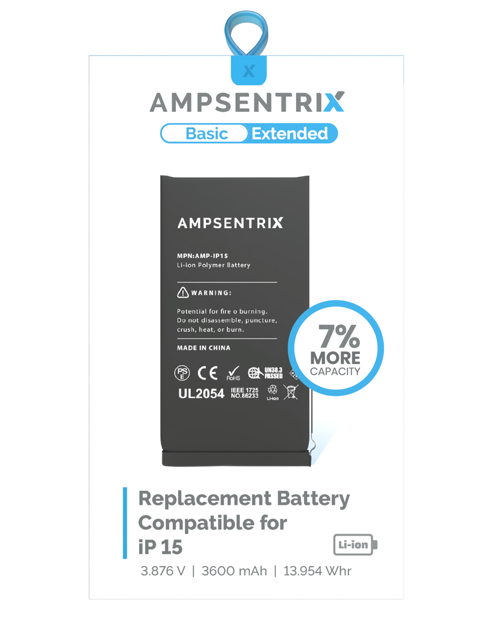 Replacement Battery for iPhone 15 (AmpSentrix Basic Extended)