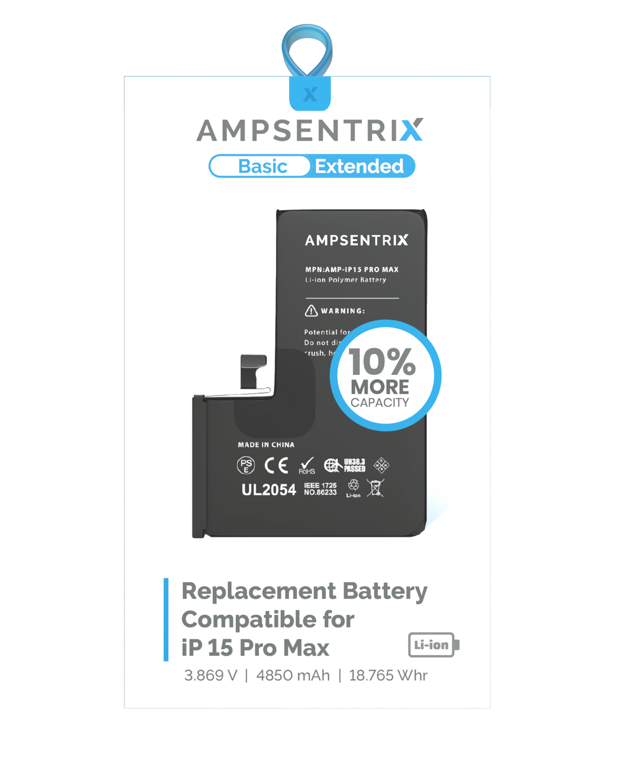 Replacement Battery for iPhone 15 Pro Max (AmpSentrix Basic Extended) - Extended Capacity