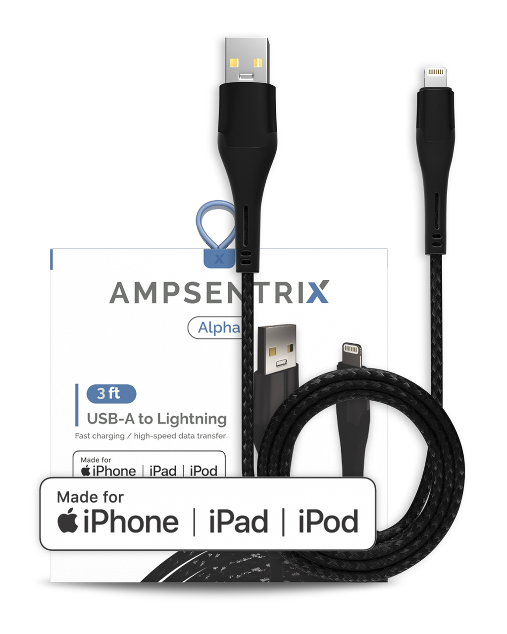 Lightning auf USB Typ A Kabel (MFi) (1 m) (AmpSentrix Alpha) (Schwarz)