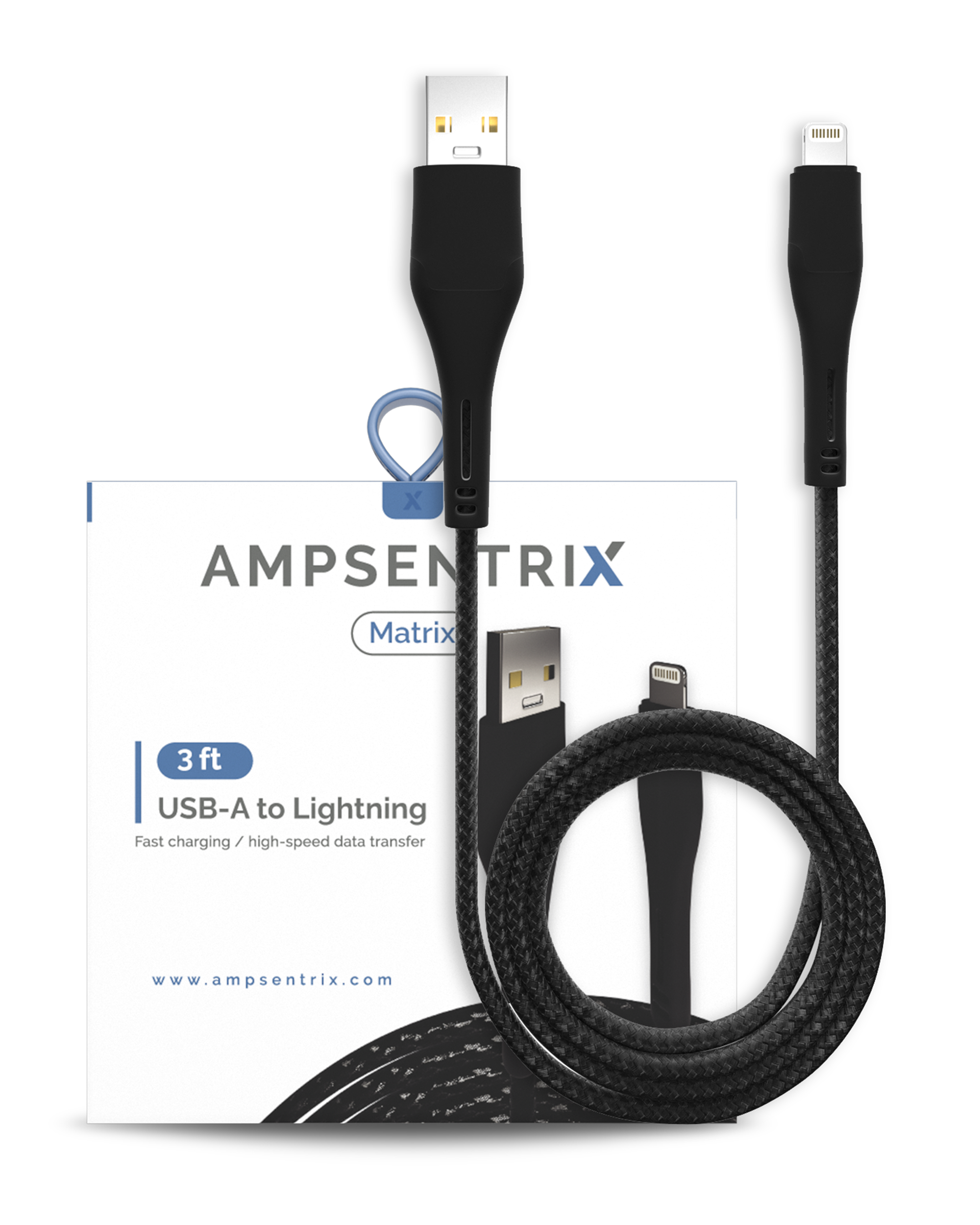 Lightning to USB Type A Cable (Non-MFI) (1 m / 3 ft) (AmpSentrix Matrix) (Black)
