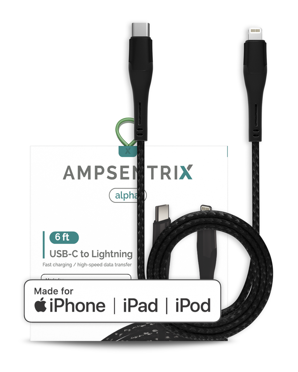 Lightning auf USB-C Kabel (MFI) 1,8 m (6 ft) AmpSentrix Alpha Schwarz