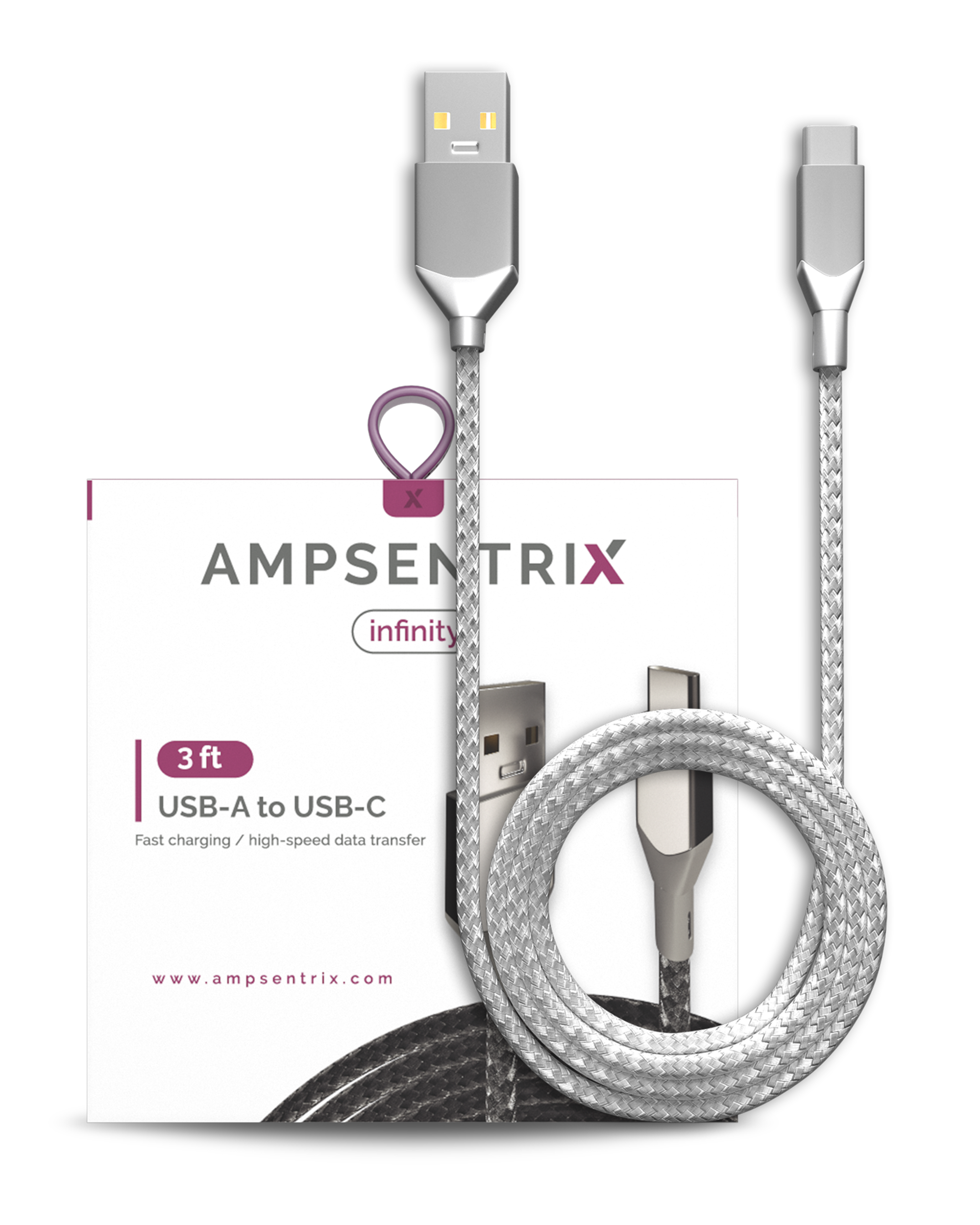 USB Type C to USB Type A Cable (1 m / 3 ft) (AmpSentrix Infinity) (Silver)