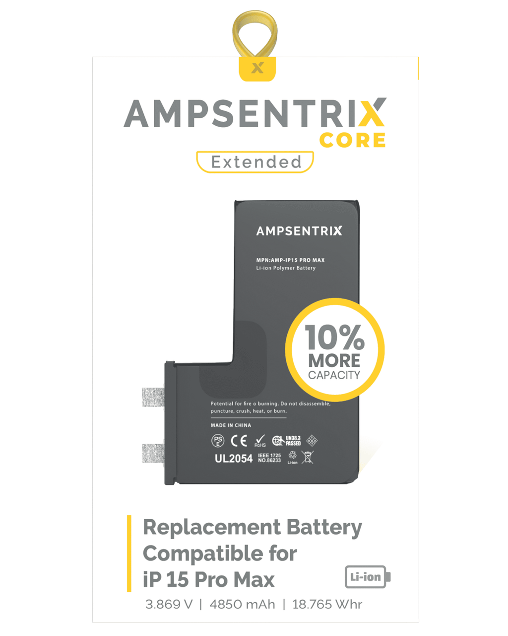 Replacement battery for iPhone 15 Pro Max (spot welding required) (AmpSentrix Core Extended)
