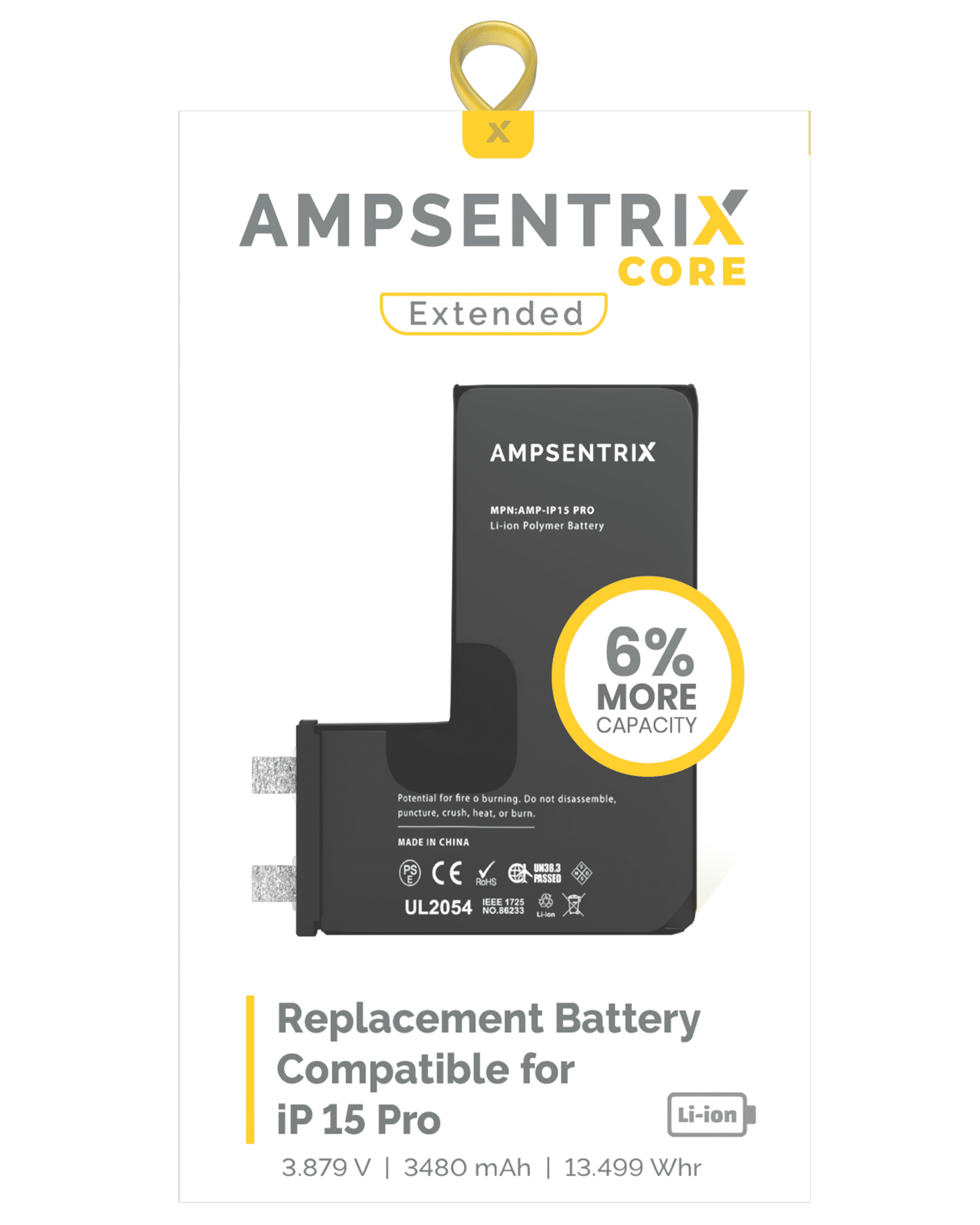 Ersatzakku für iPhone 15 Pro (Punktschweißen nötig) AmpSentrix Core