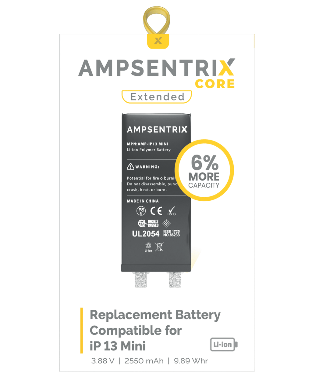 Replacement battery for iPhone 13 Mini (spot welding required) (AmpSentrix Core Extended)