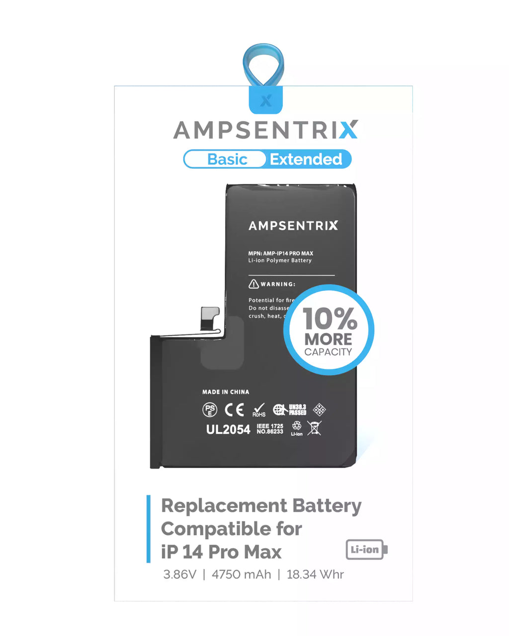 Replacement Battery with Extended Capacity for iPhone 14 Pro Max (AmpSentrix Basic Extended)