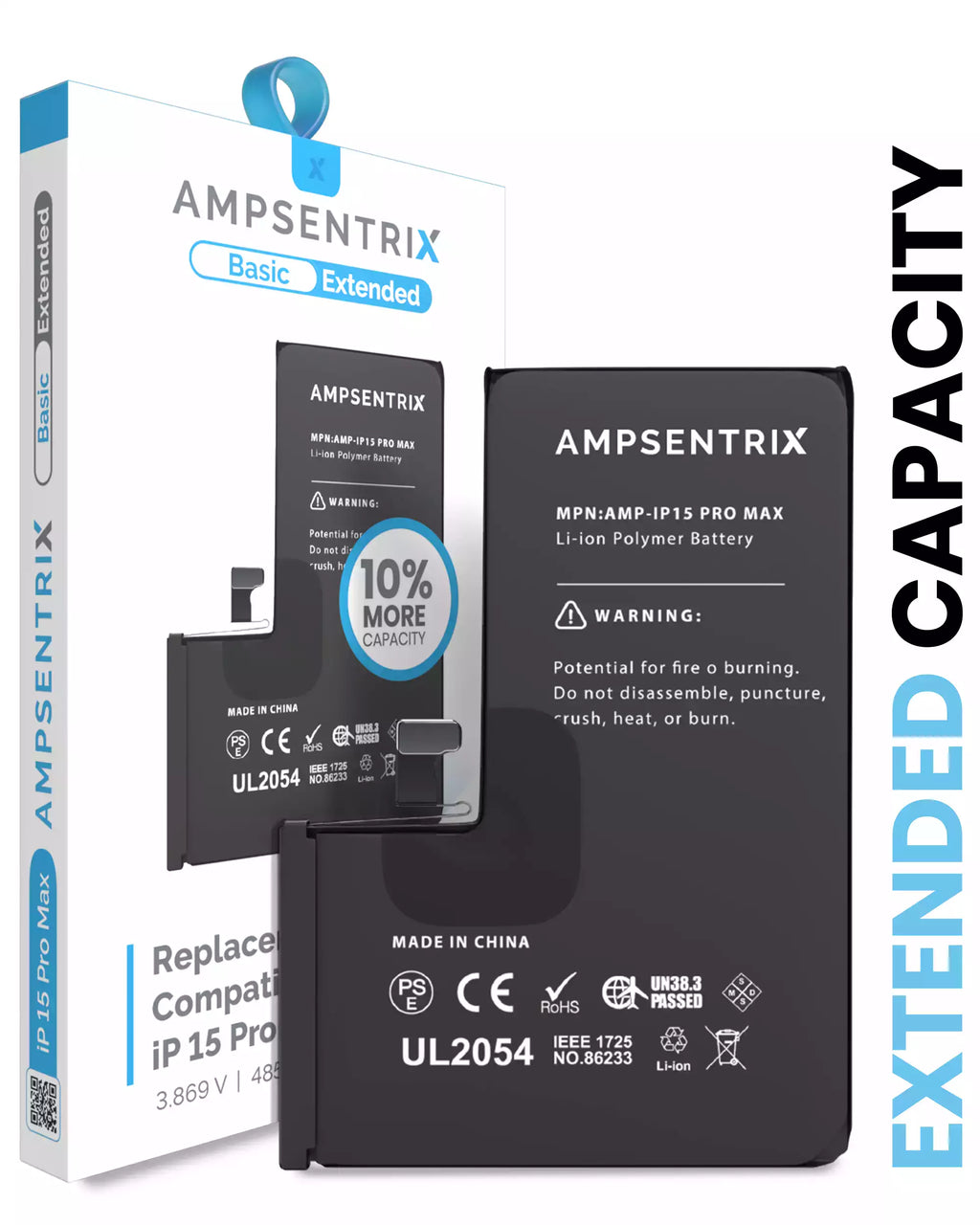 Replacement Battery for iPhone 15 Pro Max (AmpSentrix Basic Extended) - Extended Capacity