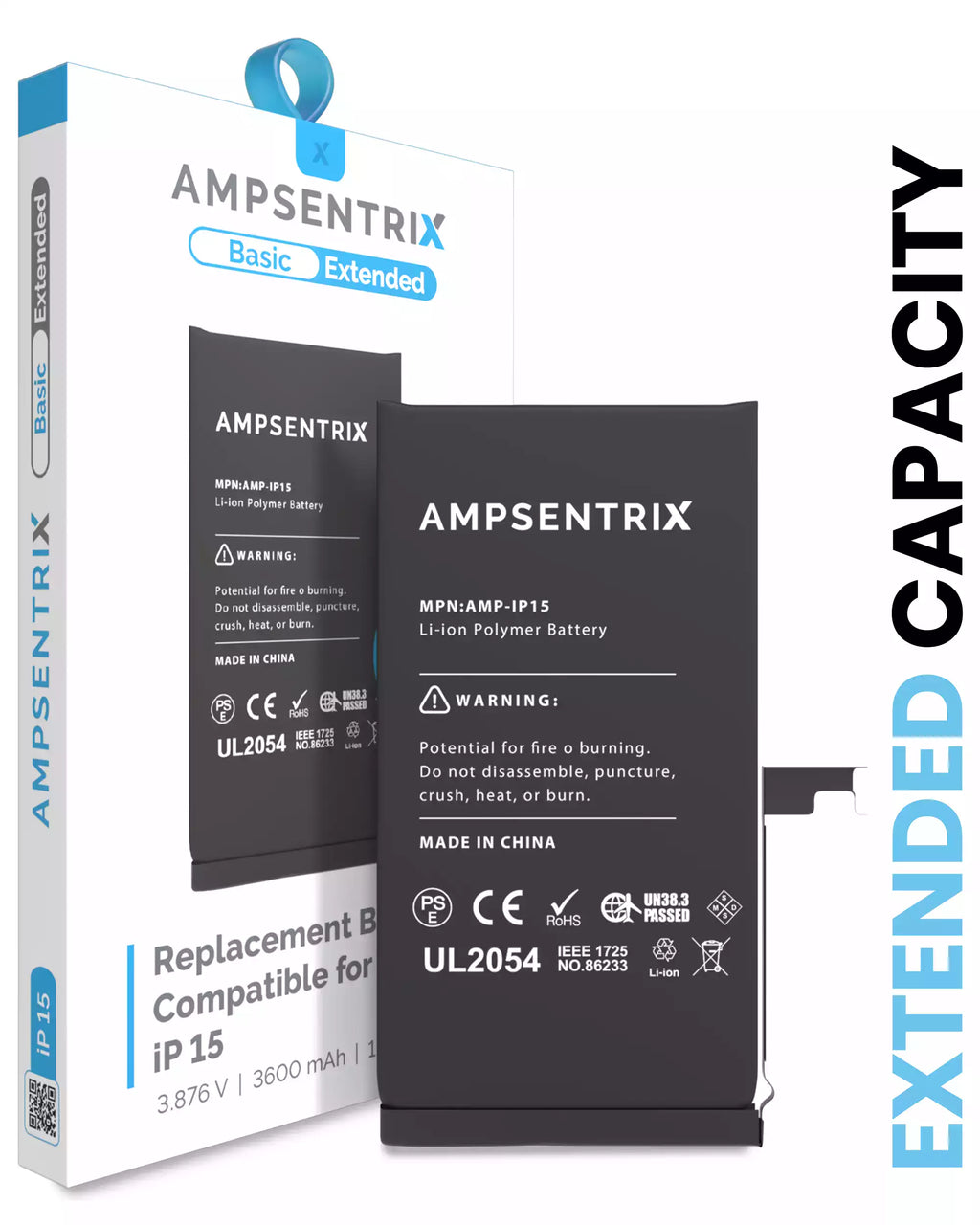 Replacement Battery for iPhone 15 (AmpSentrix Basic Extended)