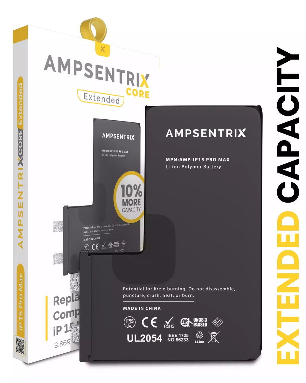 Replacement battery for iPhone 15 Pro Max (spot welding required) (AmpSentrix Core Extended)