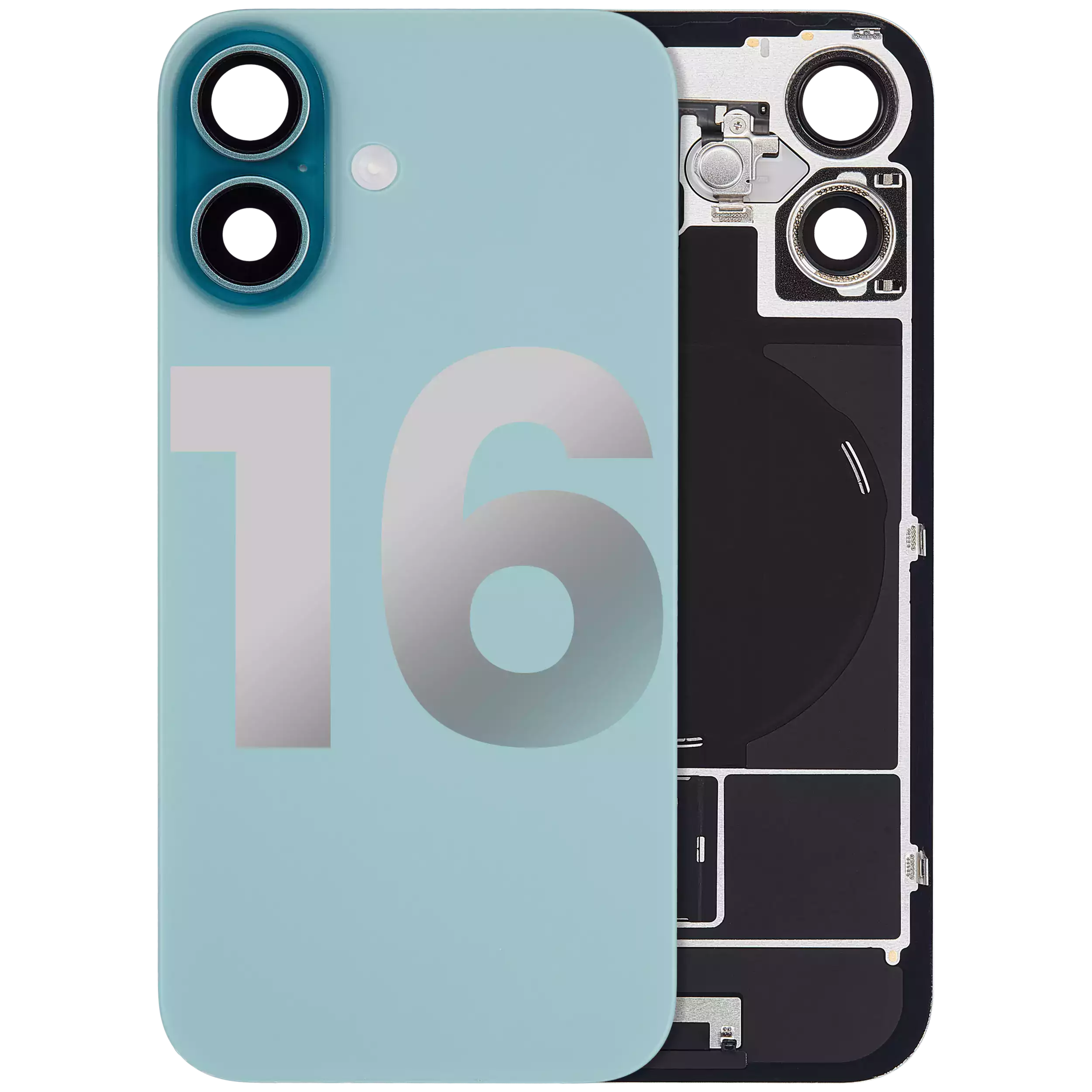 Back cover with MagSafe magnet, NFC, and flash flex cable for iPhone 16 (used OEM part, Grade A) (Teal)