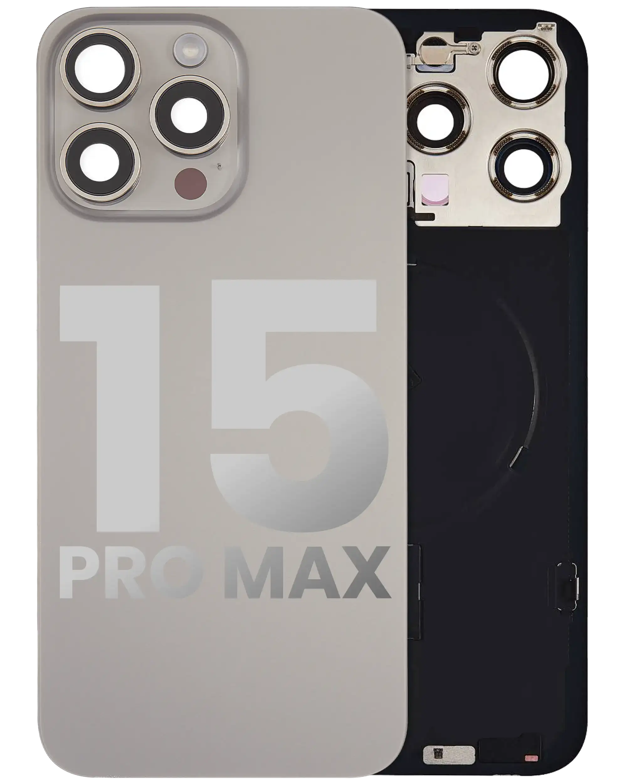 Back Cover with MagSafe Magnet, NFC, and Flash Flex Cable for iPhone 15 Pro Max (Used OEM Part, Grade A, Natural Titanium)