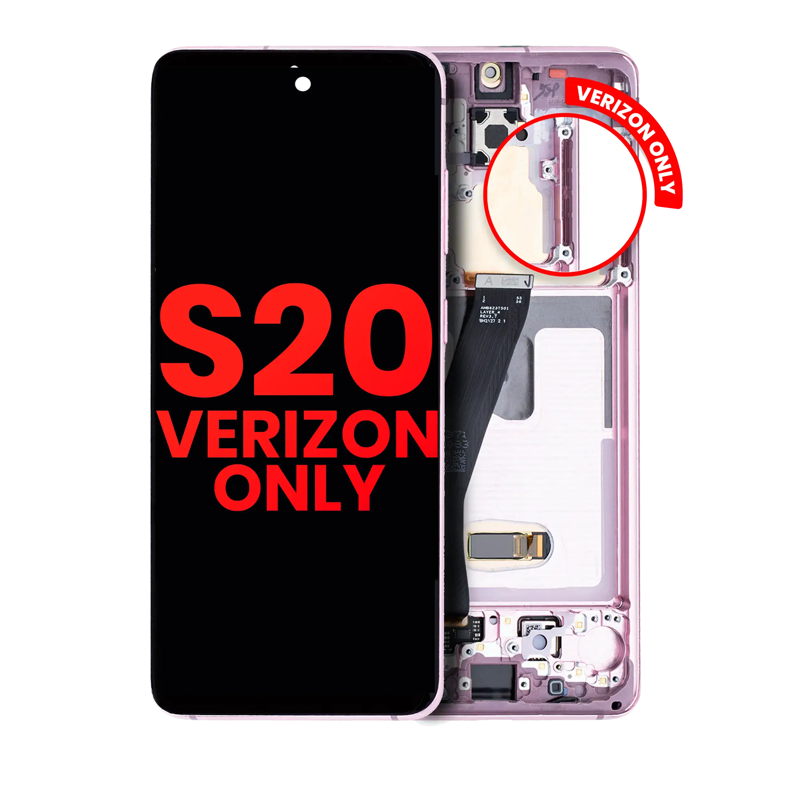 OLED-Display mit Rahmen für Samsung Galaxy S20 5G (Verizon 5G UW Frame Only) (Aftermarket Plus) (Cloud Pink)