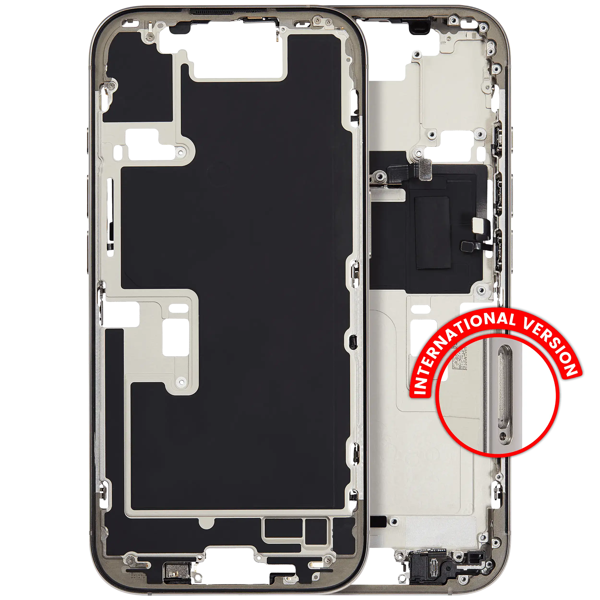 Midframe/Frame with Small Parts for iPhone 16 Pro (EU/Global Version) – Used OEM Pulled, Quality A – Natural Titanium