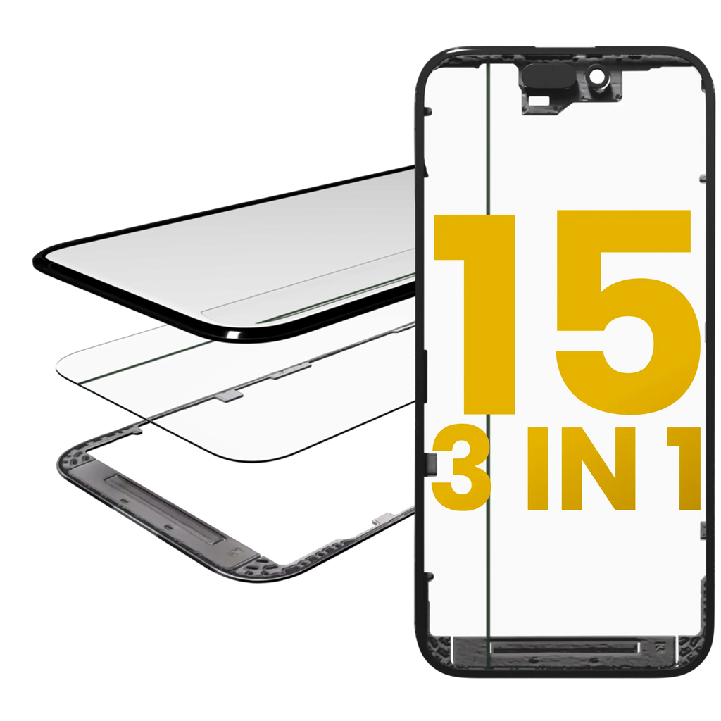 3-in-1 Glas mit vormontiertem OCA + Rahmen für iPhone 15 (OCA Master)