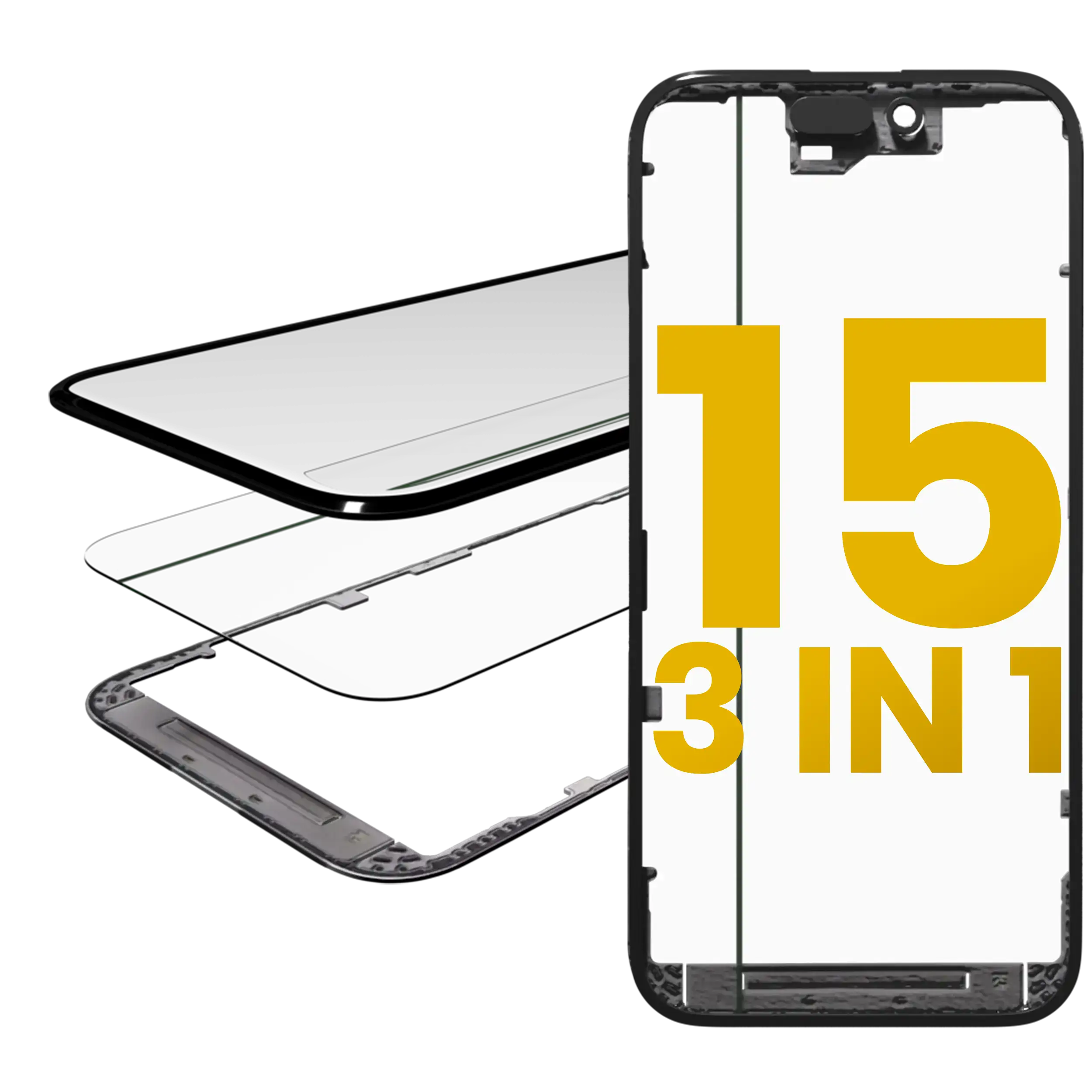 3-in-1 Glas mit vormontiertem OCA + Rahmen für iPhone 15 (OCA Master)