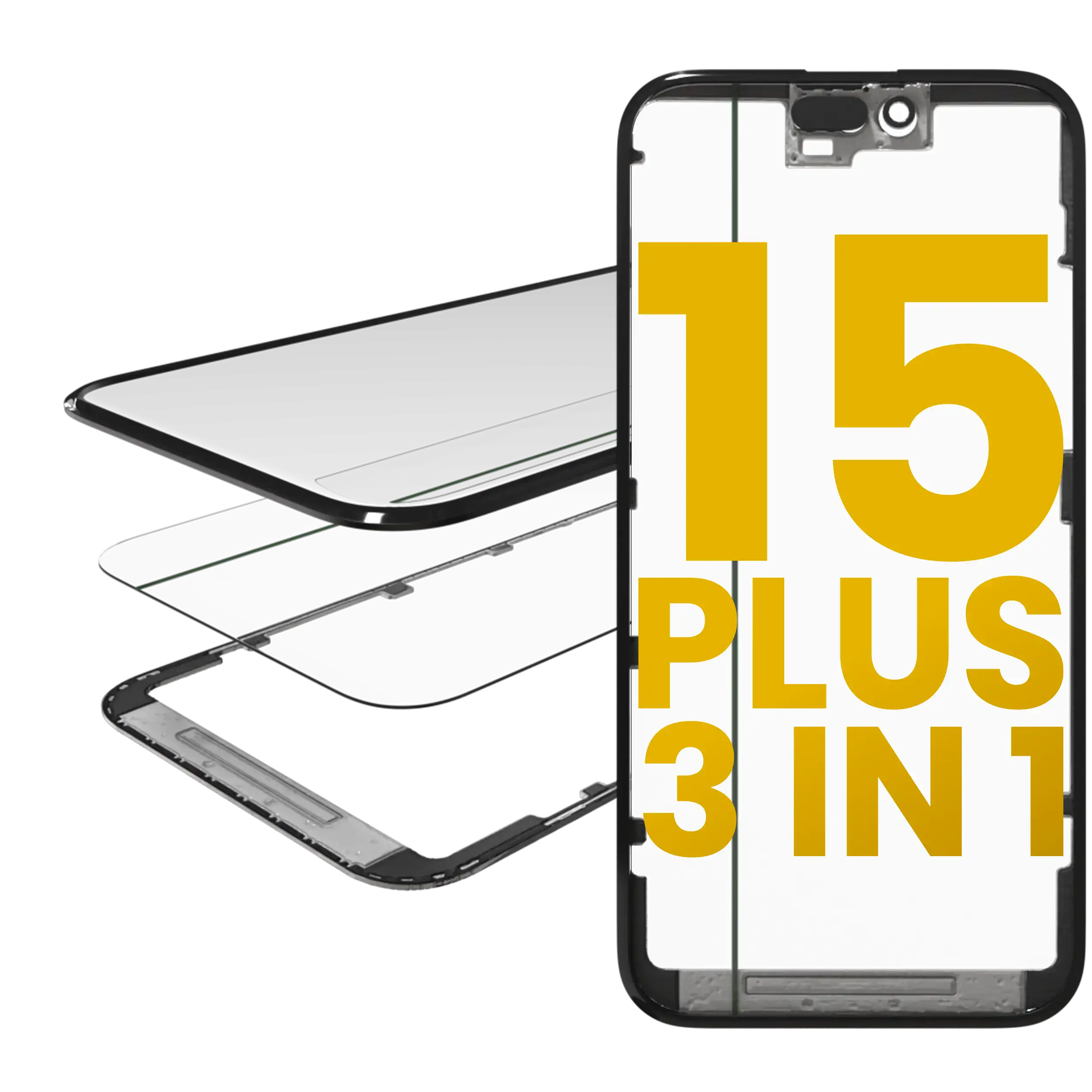 3 in 1 (Glas mit vorinstallierter OCA + Rahmen) für iPhone 15 Plus (OCA Master)