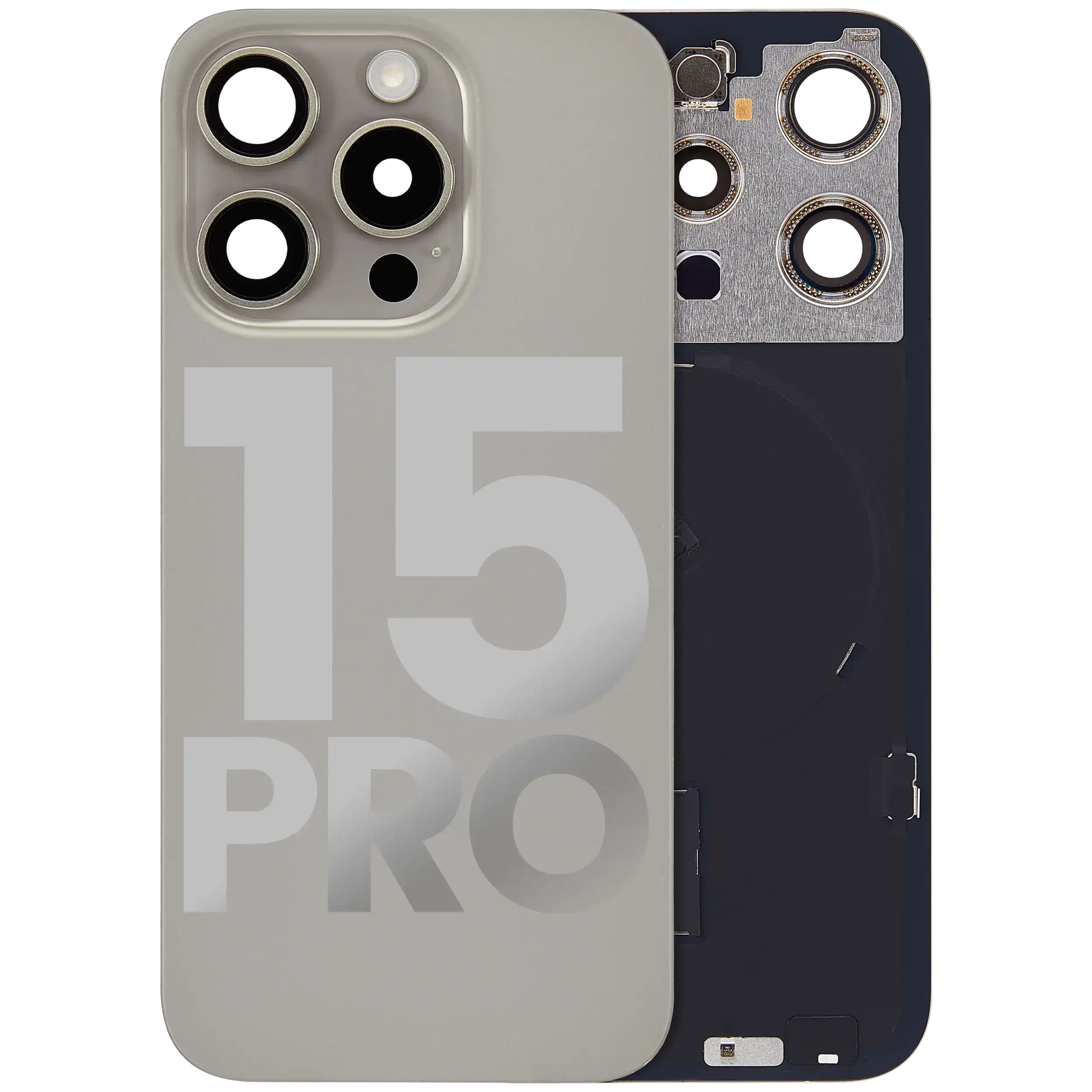 Backcover iPhone 15 Pro Natural Titanium Used OEM B mit MagSafe & Blitz-Flexkabe