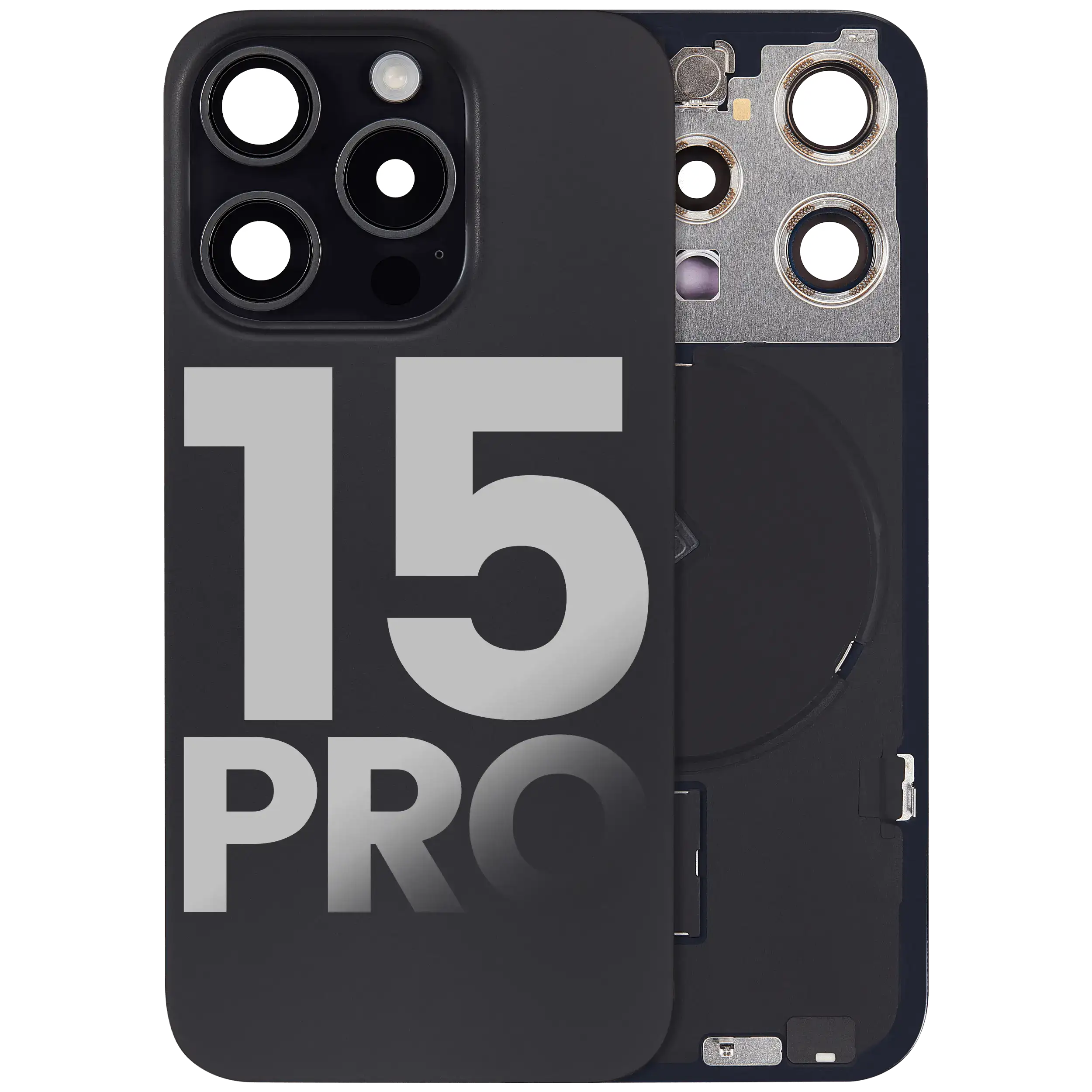 Back cover with MagSafe magnet, NFC, and flash flex cable for iPhone 15 Pro (used OEM part, B-grade quality, Black Titanium)